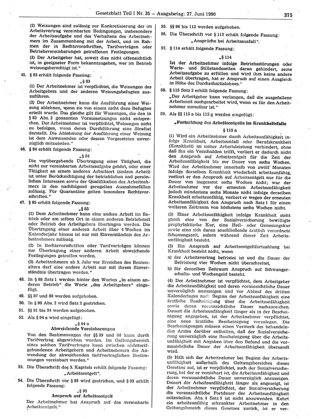 Gesetzblatt (GBl.) der Deutschen Demokratischen Republik (DDR) Teil Ⅰ 1990, Seite 375 (GBl. DDR Ⅰ 1990, S. 375)