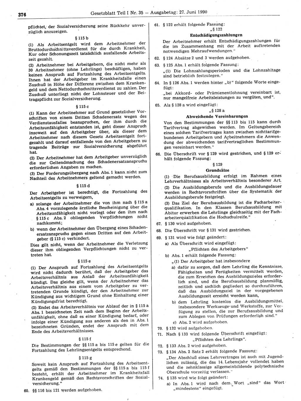 Gesetzblatt (GBl.) der Deutschen Demokratischen Republik (DDR) Teil Ⅰ 1990, Seite 376 (GBl. DDR Ⅰ 1990, S. 376)