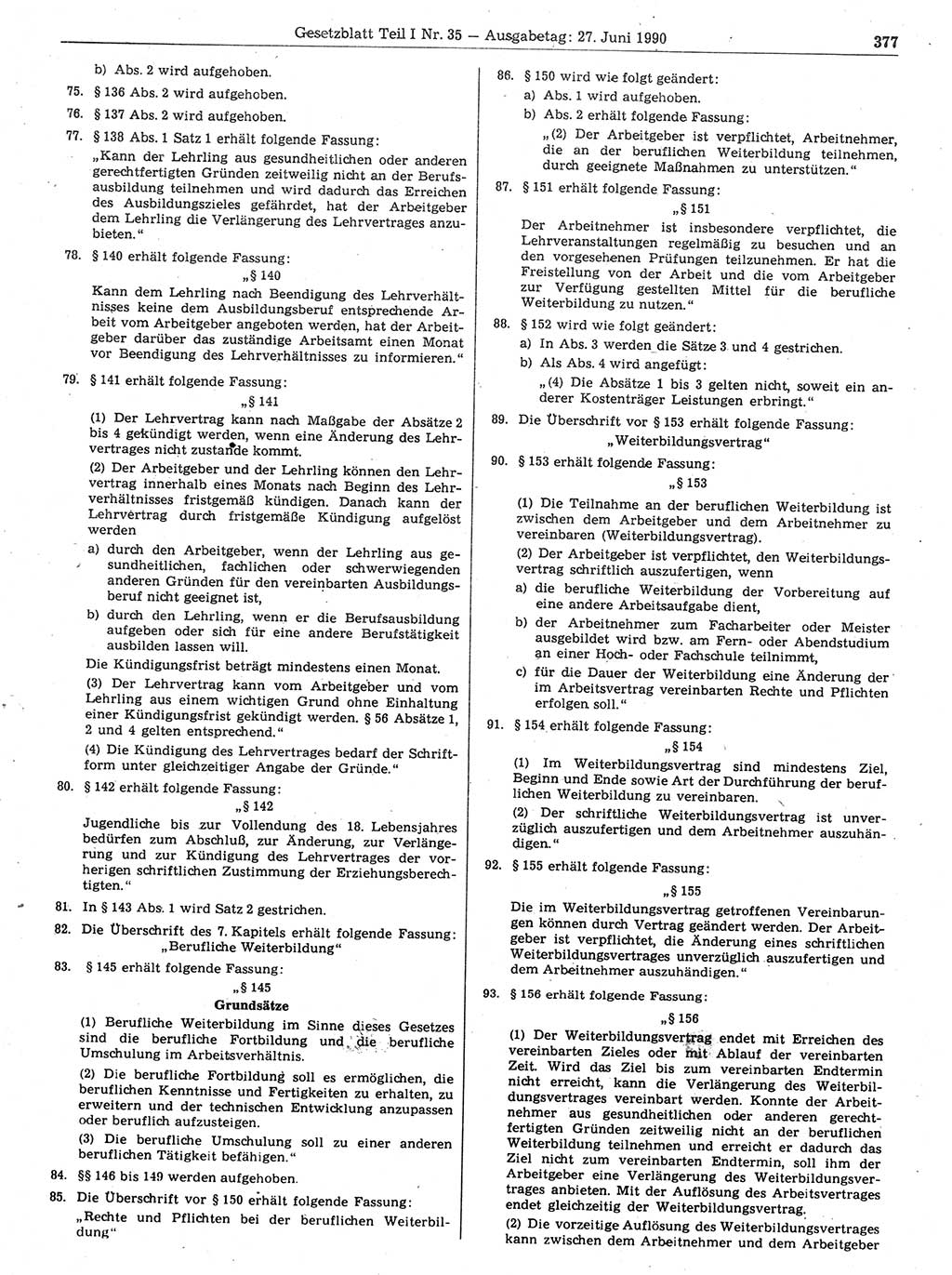 Gesetzblatt (GBl.) der Deutschen Demokratischen Republik (DDR) Teil Ⅰ 1990, Seite 377 (GBl. DDR Ⅰ 1990, S. 377)