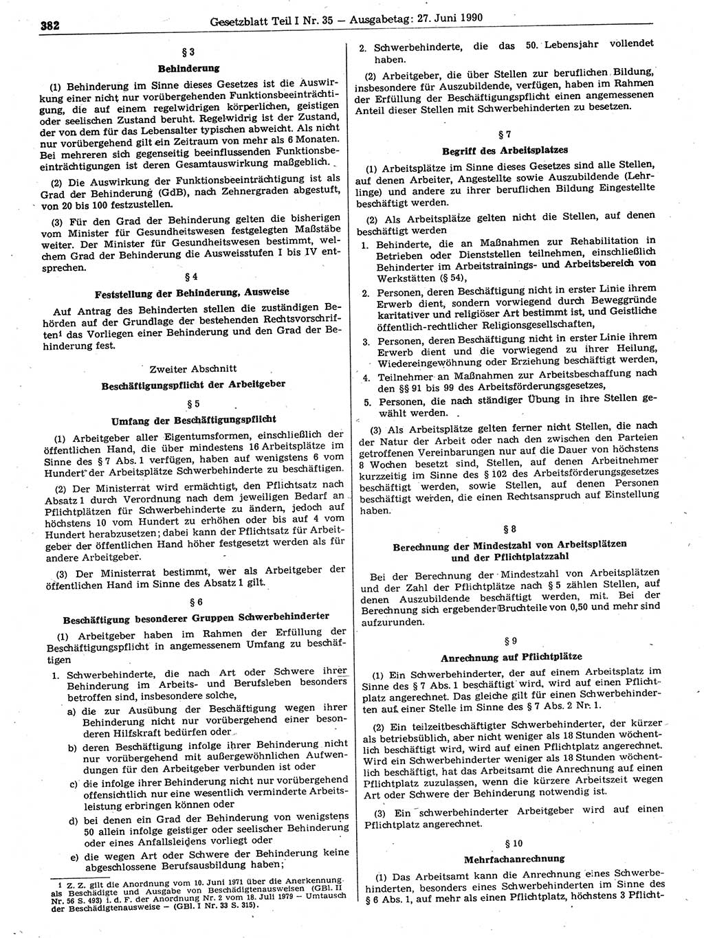 Gesetzblatt (GBl.) der Deutschen Demokratischen Republik (DDR) Teil Ⅰ 1990, Seite 382 (GBl. DDR Ⅰ 1990, S. 382)