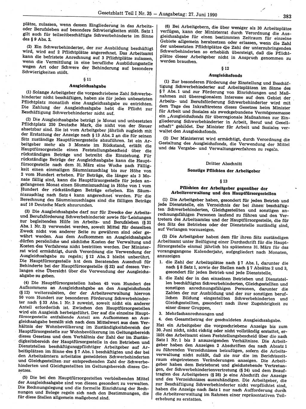 Gesetzblatt (GBl.) der Deutschen Demokratischen Republik (DDR) Teil Ⅰ 1990, Seite 383 (GBl. DDR Ⅰ 1990, S. 383)