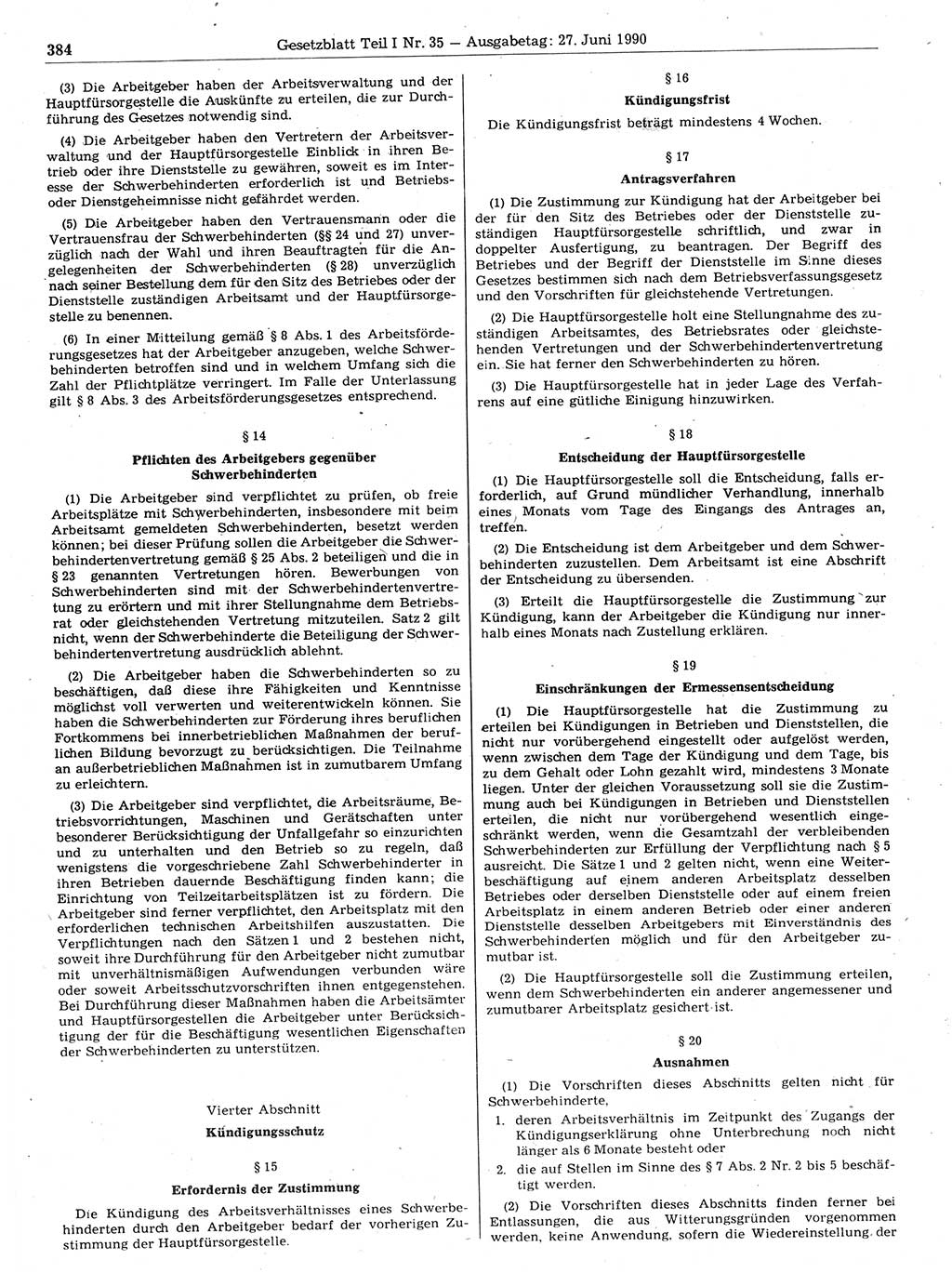 Gesetzblatt (GBl.) der Deutschen Demokratischen Republik (DDR) Teil Ⅰ 1990, Seite 384 (GBl. DDR Ⅰ 1990, S. 384)