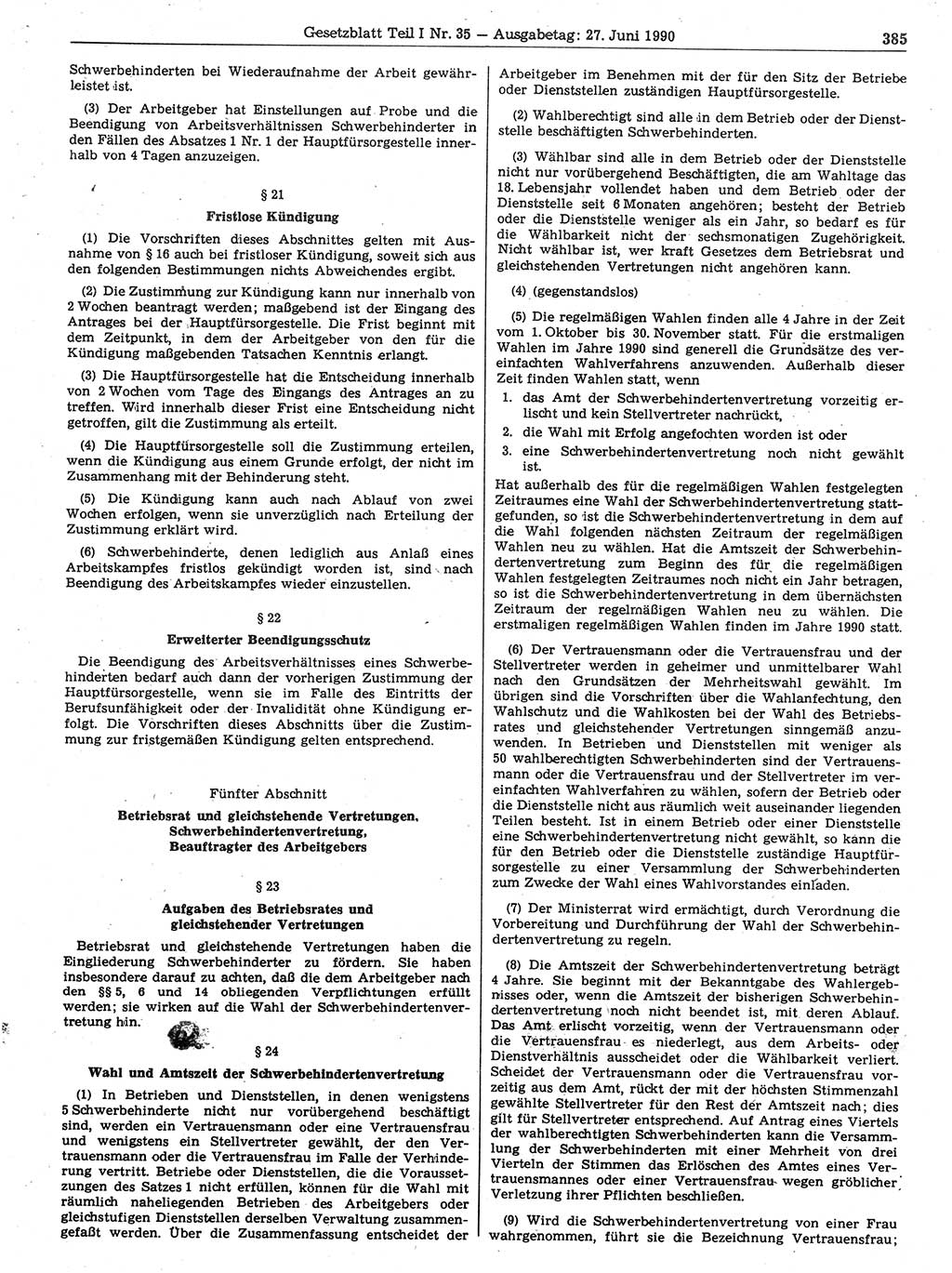 Gesetzblatt (GBl.) der Deutschen Demokratischen Republik (DDR) Teil Ⅰ 1990, Seite 385 (GBl. DDR Ⅰ 1990, S. 385)
