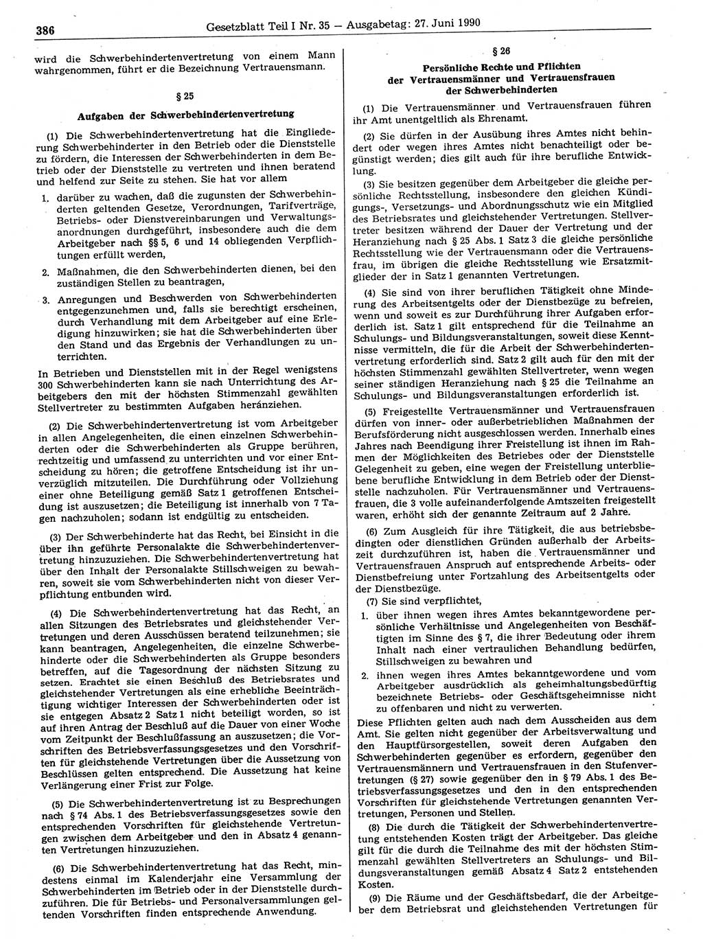 Gesetzblatt (GBl.) der Deutschen Demokratischen Republik (DDR) Teil Ⅰ 1990, Seite 386 (GBl. DDR Ⅰ 1990, S. 386)