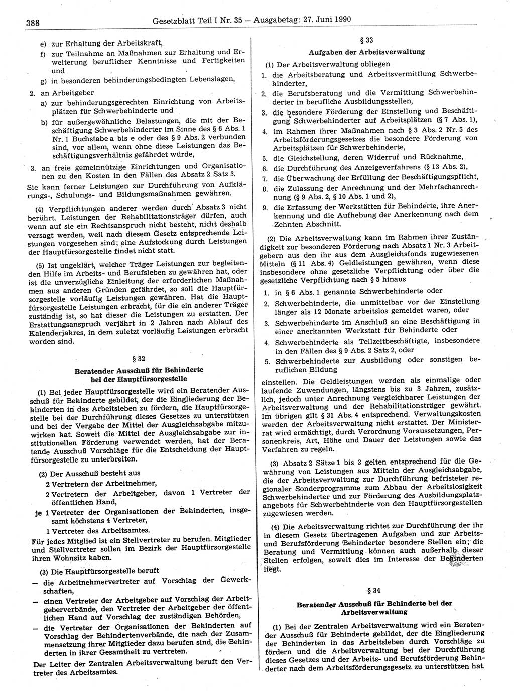 Gesetzblatt (GBl.) der Deutschen Demokratischen Republik (DDR) Teil Ⅰ 1990, Seite 388 (GBl. DDR Ⅰ 1990, S. 388)