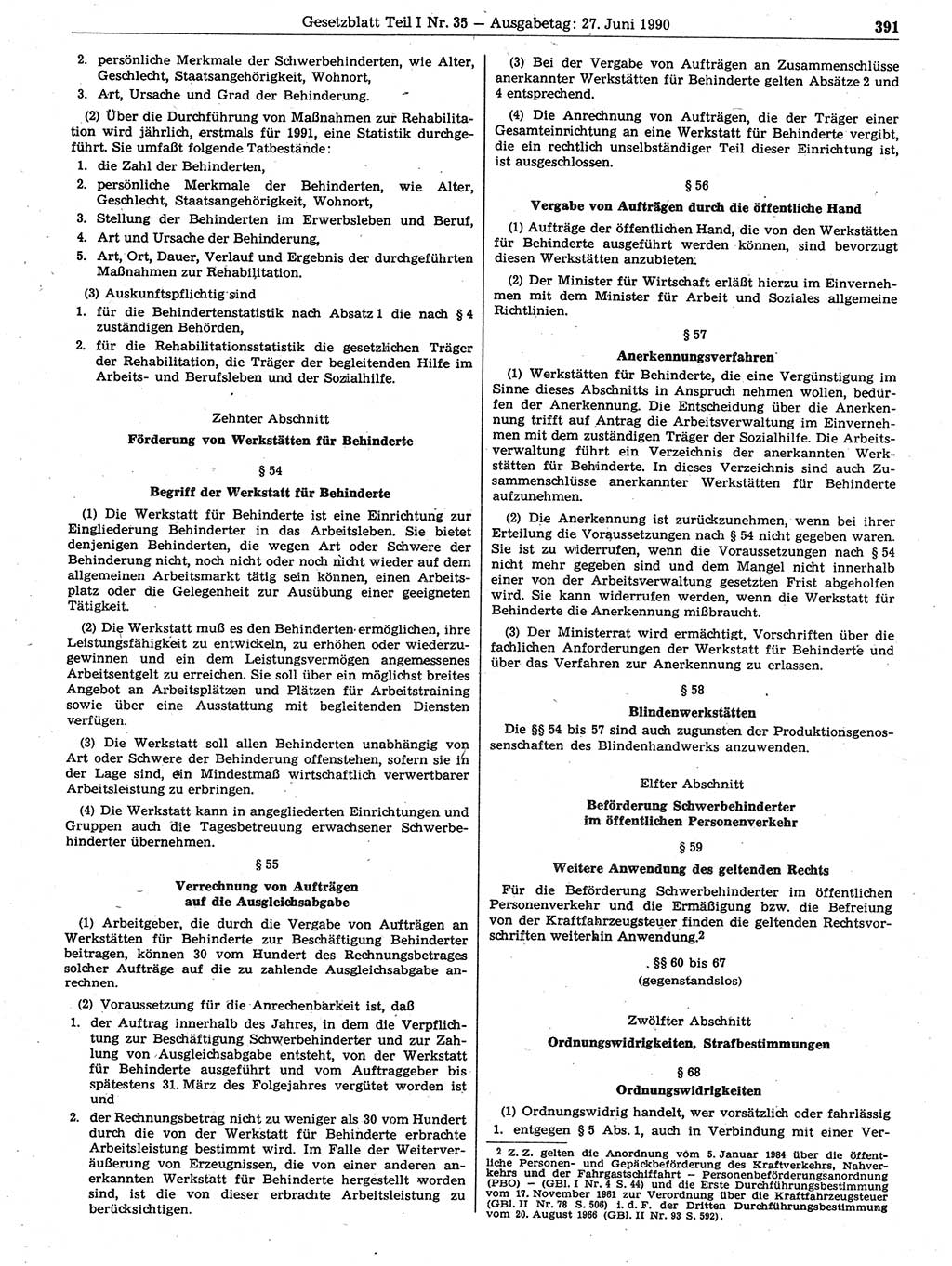 Gesetzblatt (GBl.) der Deutschen Demokratischen Republik (DDR) Teil Ⅰ 1990, Seite 391 (GBl. DDR Ⅰ 1990, S. 391)