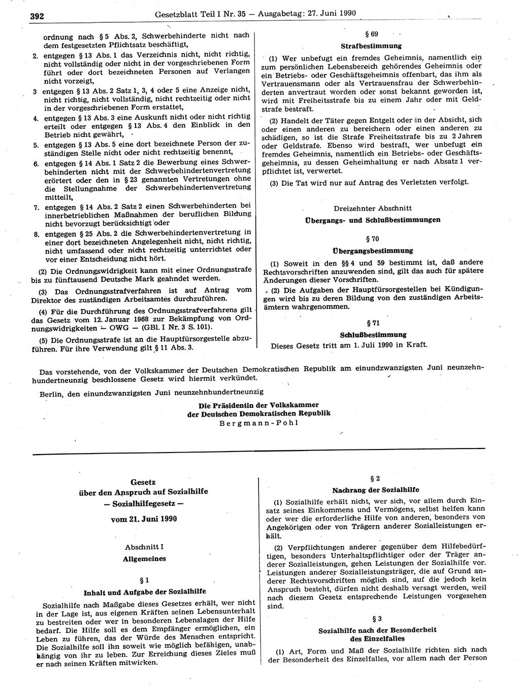 Gesetzblatt (GBl.) der Deutschen Demokratischen Republik (DDR) Teil Ⅰ 1990, Seite 392 (GBl. DDR Ⅰ 1990, S. 392)