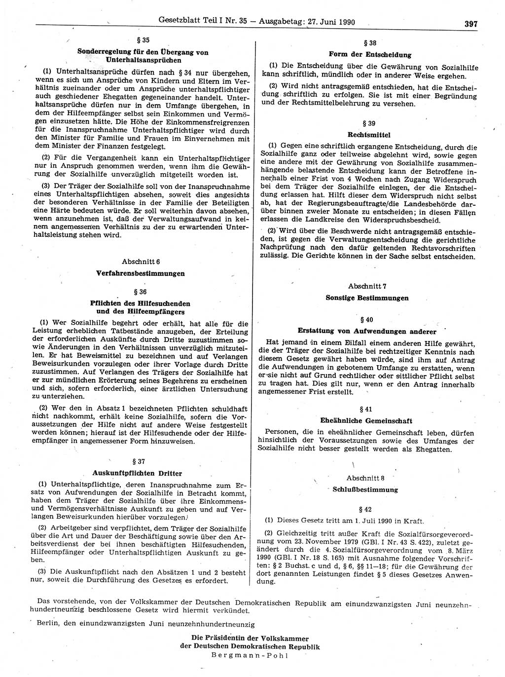 Gesetzblatt (GBl.) der Deutschen Demokratischen Republik (DDR) Teil Ⅰ 1990, Seite 397 (GBl. DDR Ⅰ 1990, S. 397)