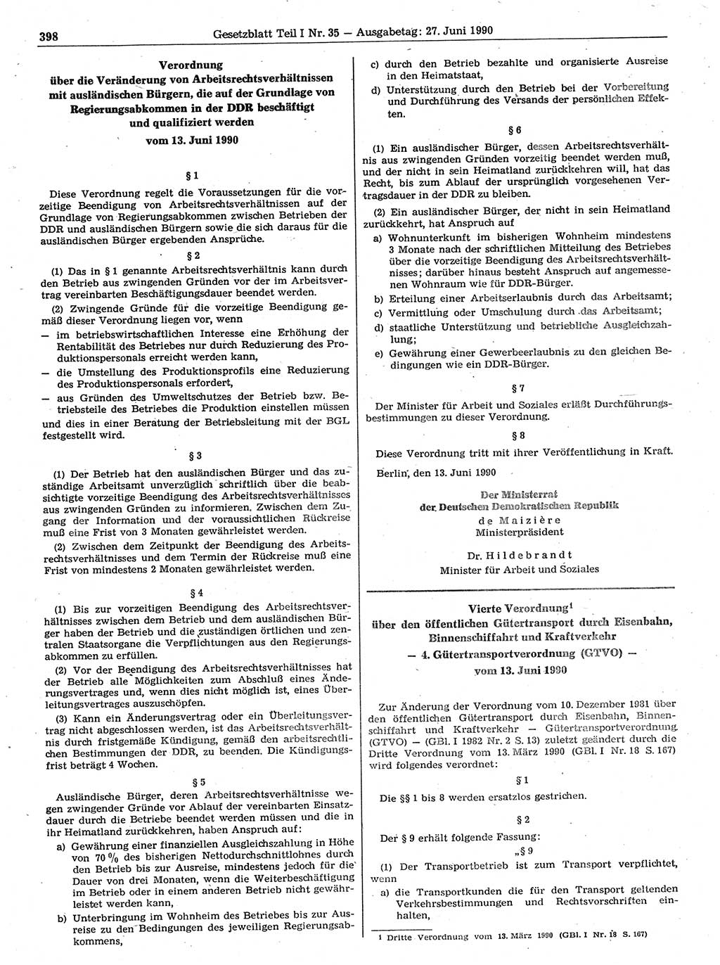Gesetzblatt (GBl.) der Deutschen Demokratischen Republik (DDR) Teil Ⅰ 1990, Seite 398 (GBl. DDR Ⅰ 1990, S. 398)