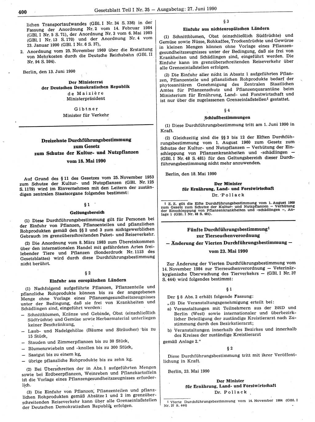 Gesetzblatt (GBl.) der Deutschen Demokratischen Republik (DDR) Teil Ⅰ 1990, Seite 400 (GBl. DDR Ⅰ 1990, S. 400)