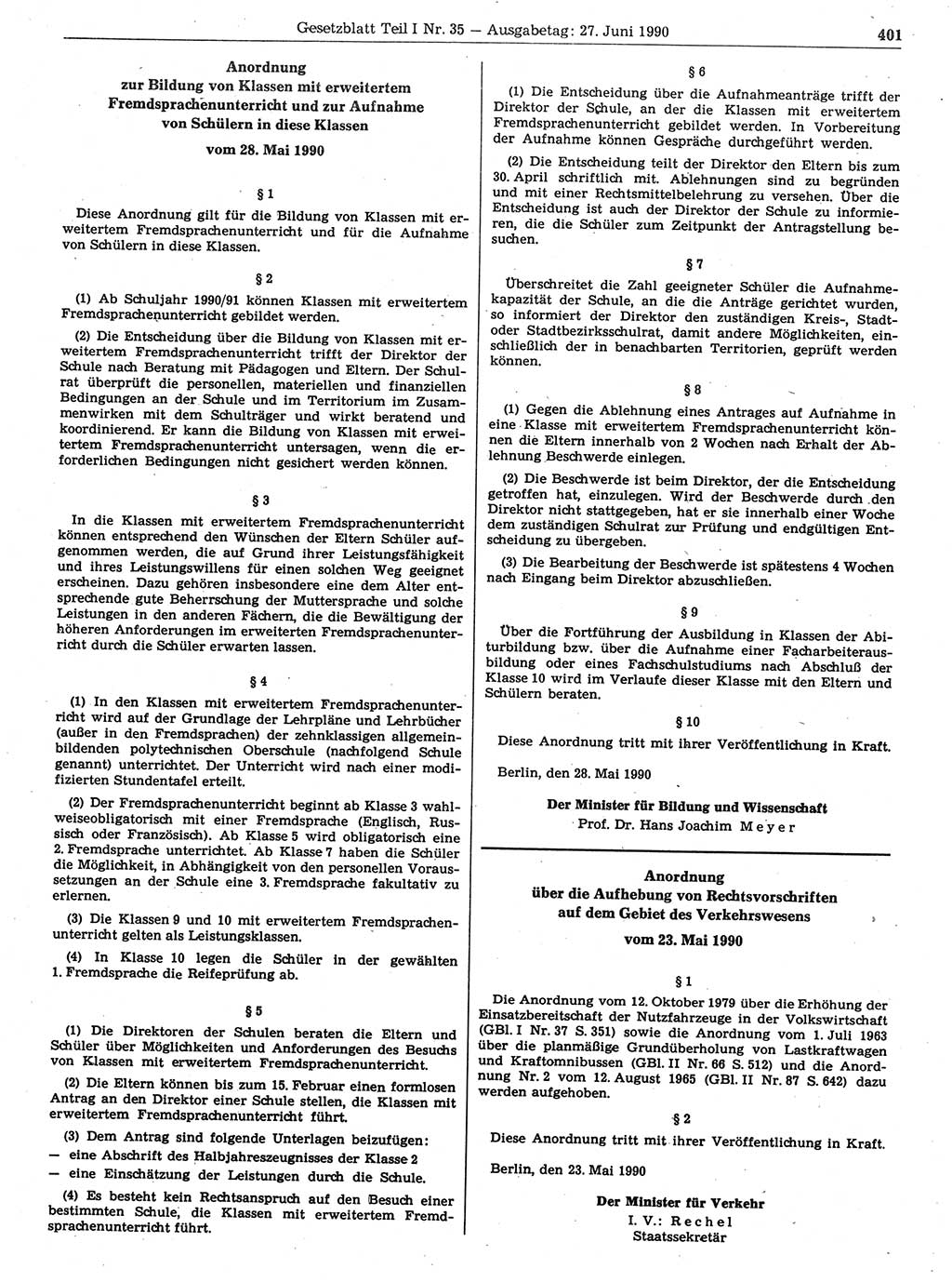 Gesetzblatt (GBl.) der Deutschen Demokratischen Republik (DDR) Teil Ⅰ 1990, Seite 401 (GBl. DDR Ⅰ 1990, S. 401)