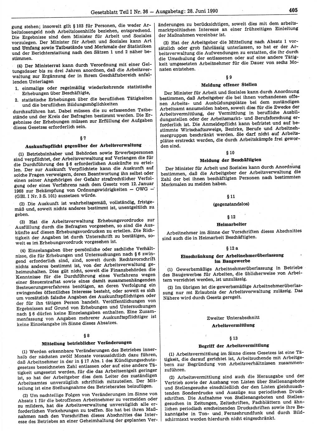 Gesetzblatt (GBl.) der Deutschen Demokratischen Republik (DDR) Teil Ⅰ 1990, Seite 405 (GBl. DDR Ⅰ 1990, S. 405)