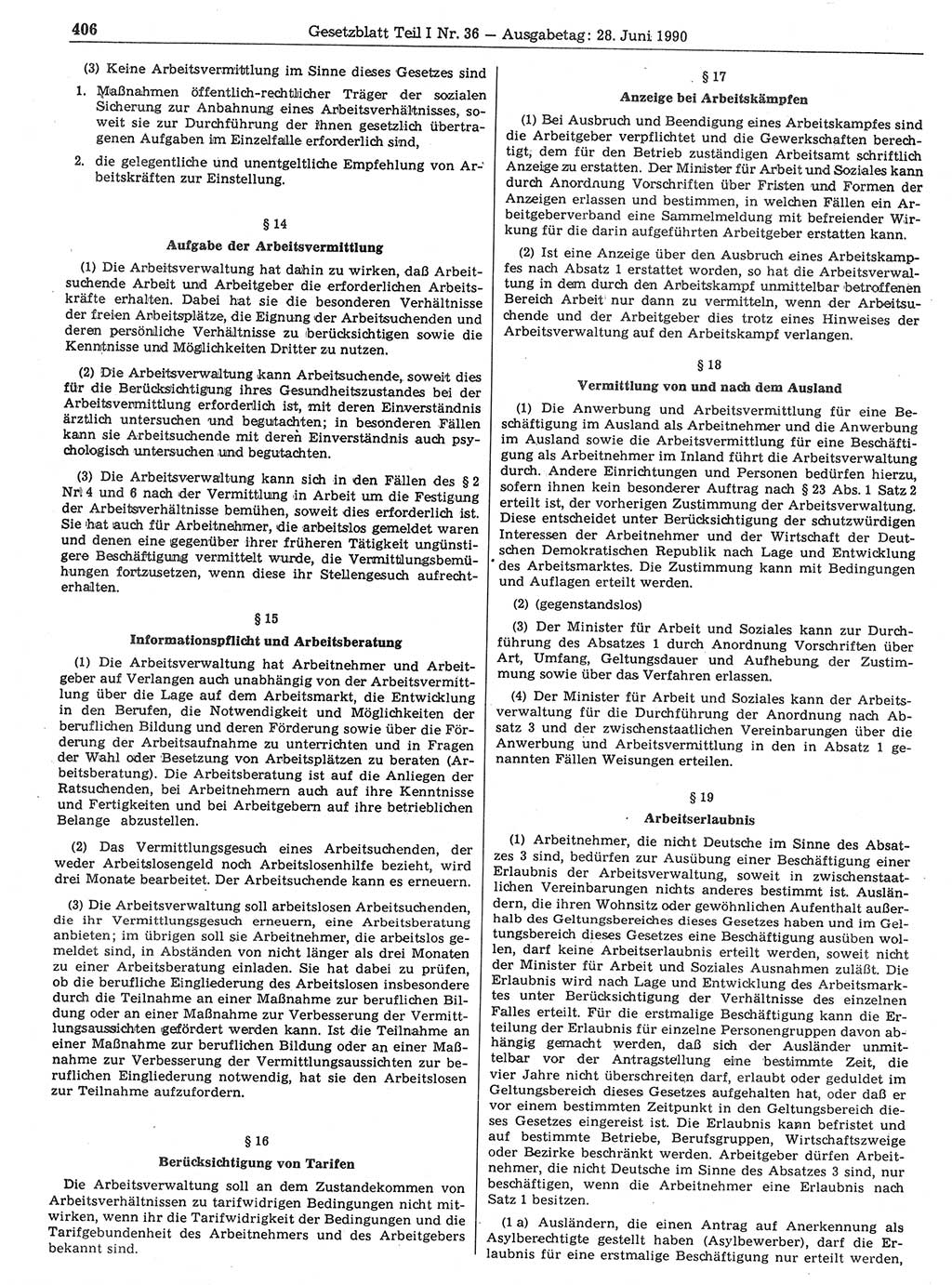 Gesetzblatt (GBl.) der Deutschen Demokratischen Republik (DDR) Teil Ⅰ 1990, Seite 406 (GBl. DDR Ⅰ 1990, S. 406)