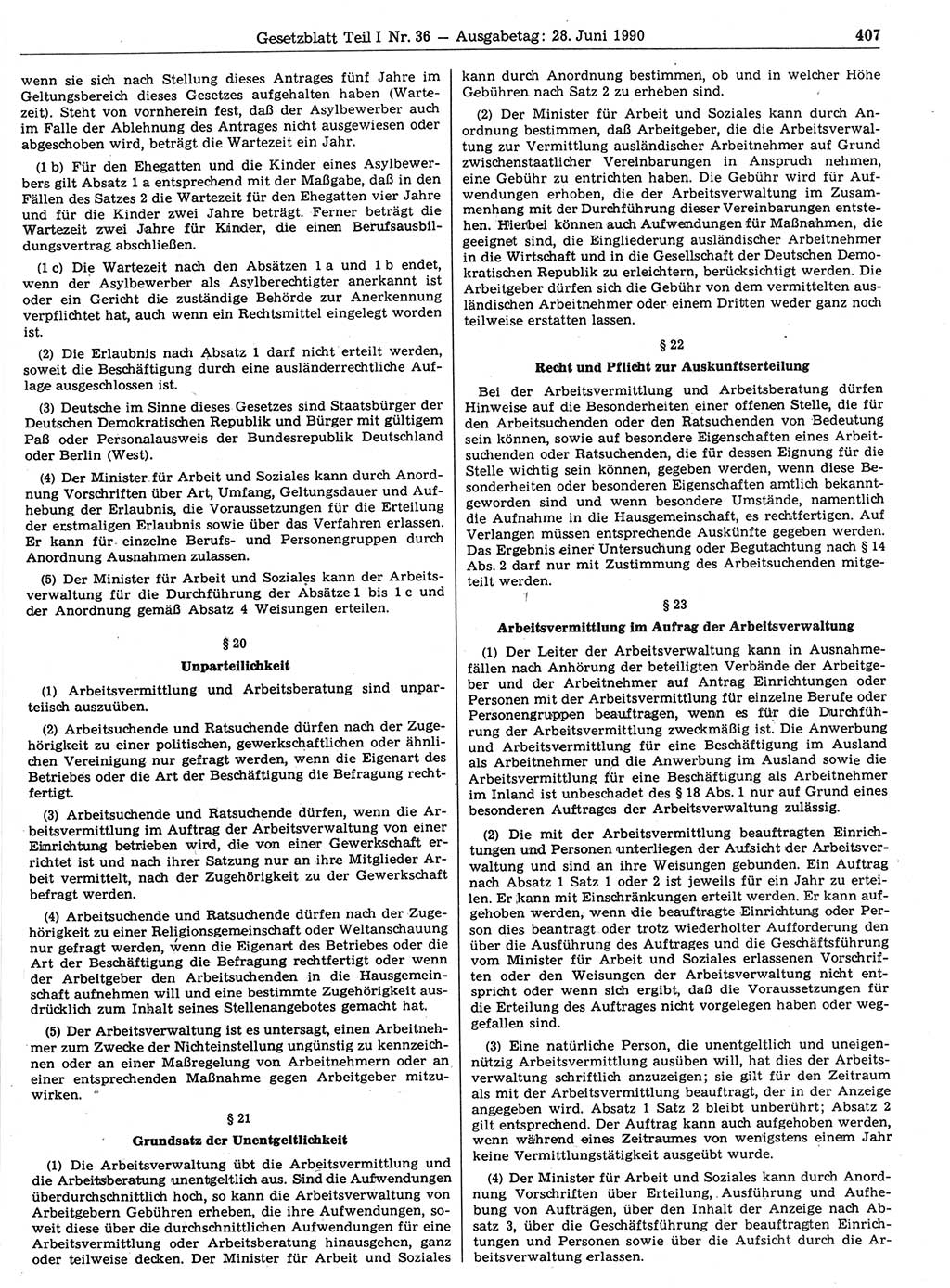 Gesetzblatt (GBl.) der Deutschen Demokratischen Republik (DDR) Teil Ⅰ 1990, Seite 407 (GBl. DDR Ⅰ 1990, S. 407)