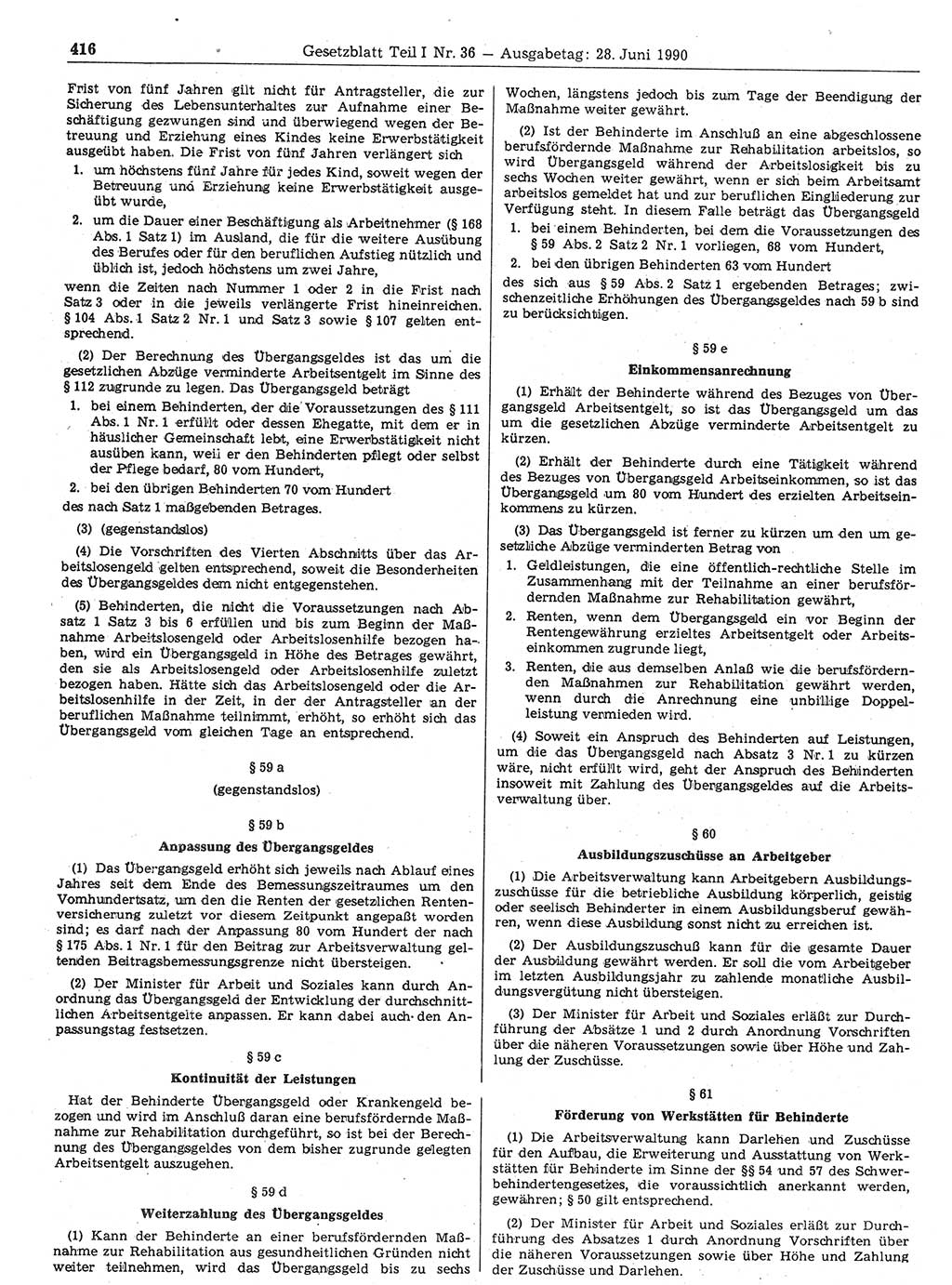 Gesetzblatt (GBl.) der Deutschen Demokratischen Republik (DDR) Teil Ⅰ 1990, Seite 416 (GBl. DDR Ⅰ 1990, S. 416)