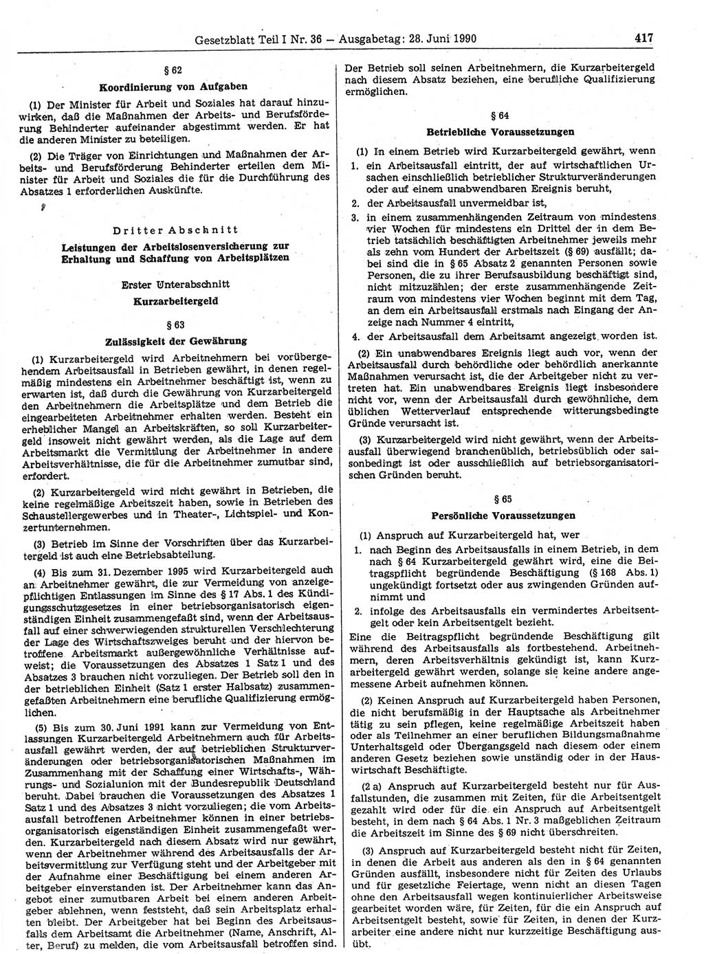 Gesetzblatt (GBl.) der Deutschen Demokratischen Republik (DDR) Teil Ⅰ 1990, Seite 417 (GBl. DDR Ⅰ 1990, S. 417)