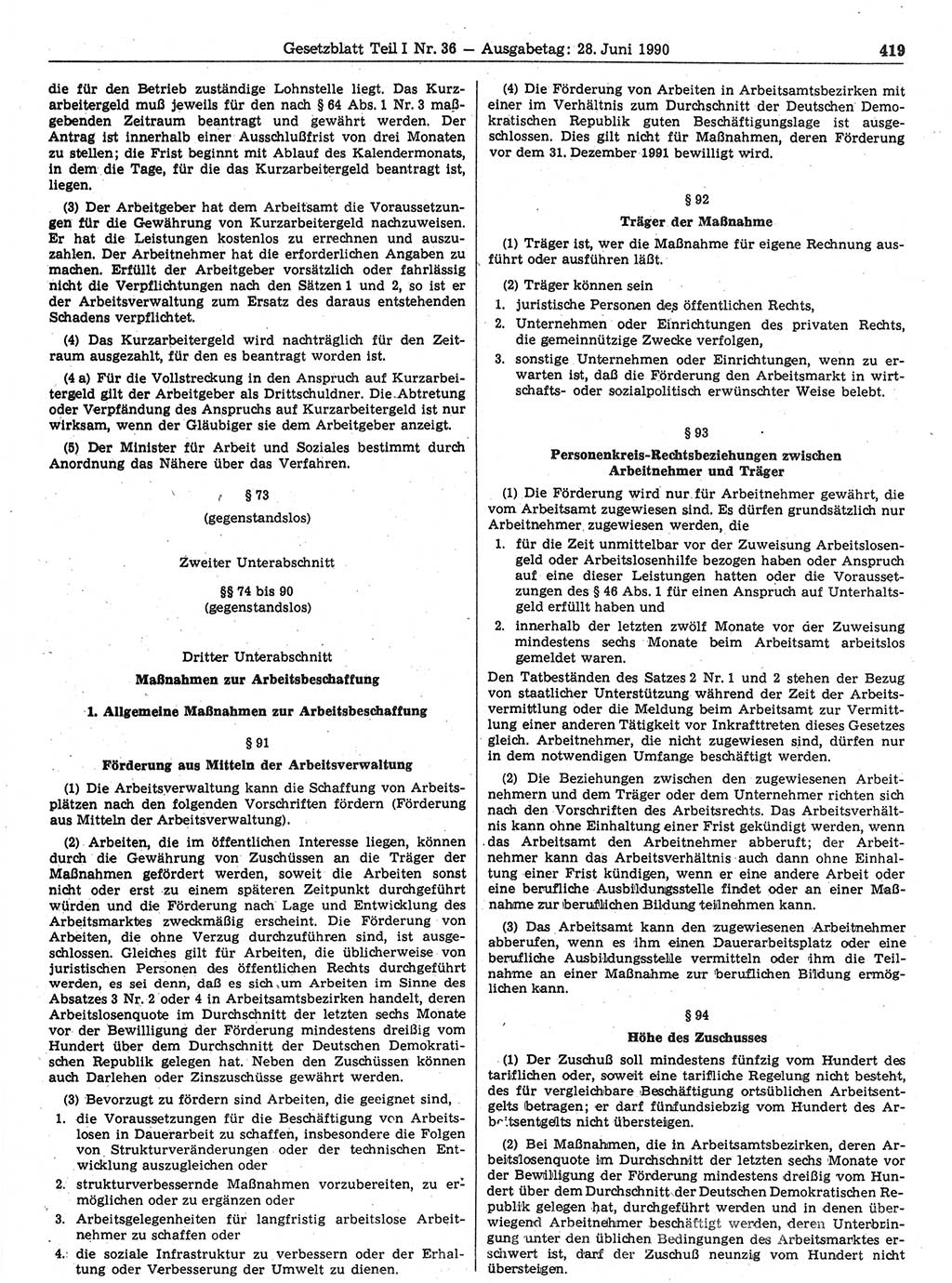 Gesetzblatt (GBl.) der Deutschen Demokratischen Republik (DDR) Teil Ⅰ 1990, Seite 419 (GBl. DDR Ⅰ 1990, S. 419)