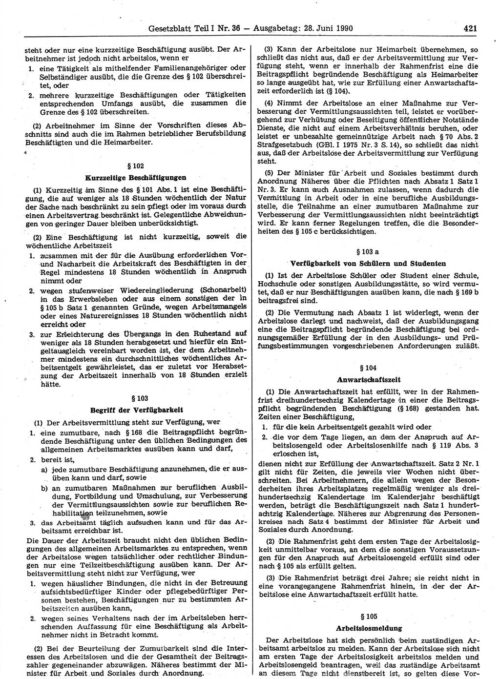 Gesetzblatt (GBl.) der Deutschen Demokratischen Republik (DDR) Teil Ⅰ 1990, Seite 421 (GBl. DDR Ⅰ 1990, S. 421)