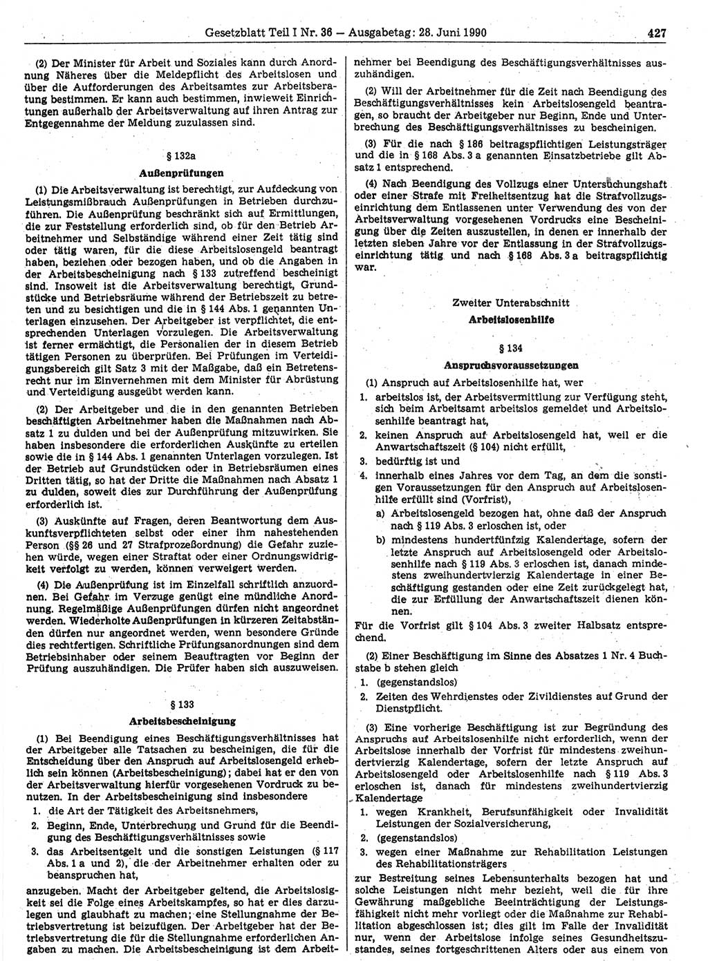 Gesetzblatt (GBl.) der Deutschen Demokratischen Republik (DDR) Teil Ⅰ 1990, Seite 427 (GBl. DDR Ⅰ 1990, S. 427)
