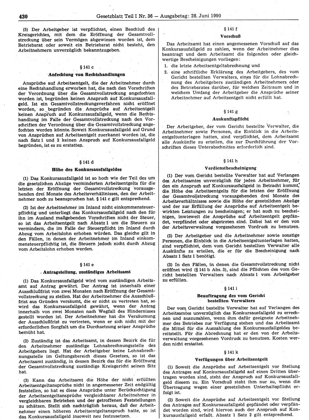 Gesetzblatt (GBl.) der Deutschen Demokratischen Republik (DDR) Teil Ⅰ 1990, Seite 430 (GBl. DDR Ⅰ 1990, S. 430)