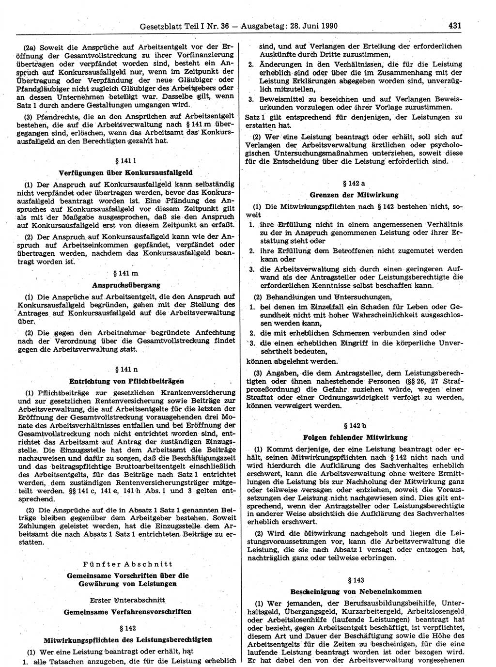 Gesetzblatt (GBl.) der Deutschen Demokratischen Republik (DDR) Teil Ⅰ 1990, Seite 431 (GBl. DDR Ⅰ 1990, S. 431)