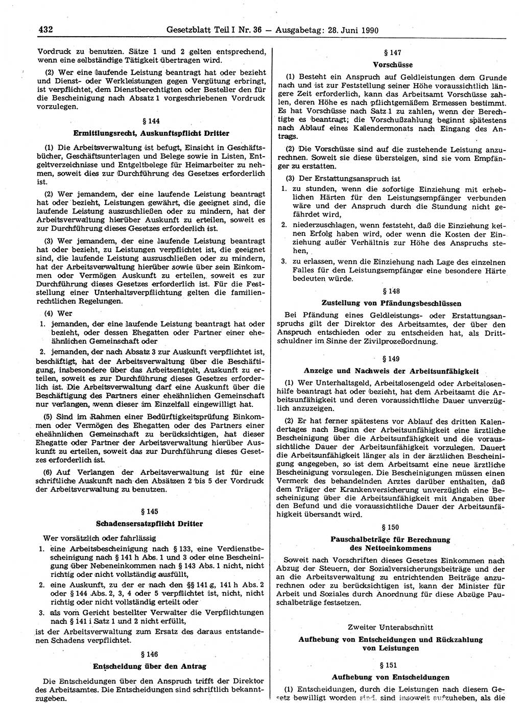 Gesetzblatt (GBl.) der Deutschen Demokratischen Republik (DDR) Teil Ⅰ 1990, Seite 432 (GBl. DDR Ⅰ 1990, S. 432)