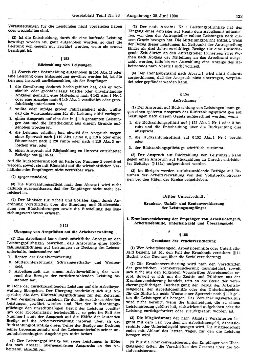 Gesetzblatt (GBl.) der Deutschen Demokratischen Republik (DDR) Teil Ⅰ 1990, Seite 433 (GBl. DDR Ⅰ 1990, S. 433)