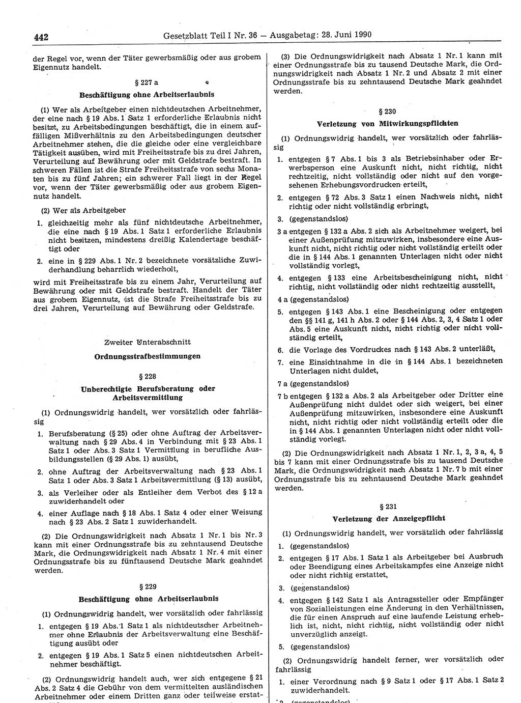 Gesetzblatt (GBl.) der Deutschen Demokratischen Republik (DDR) Teil Ⅰ 1990, Seite 442 (GBl. DDR Ⅰ 1990, S. 442)