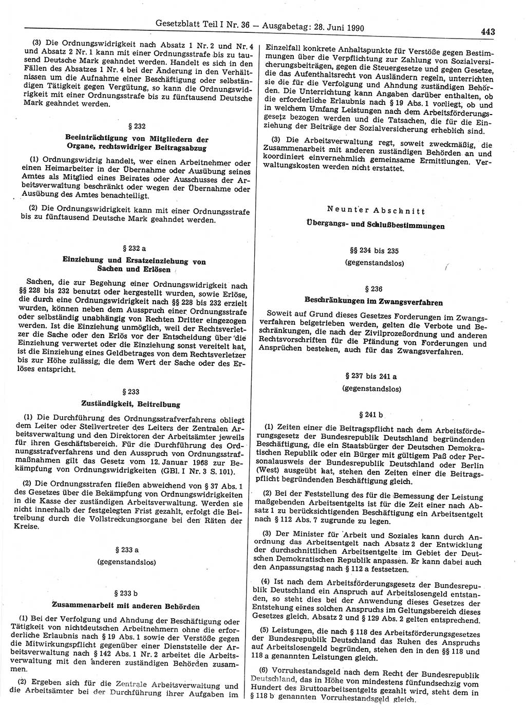 Gesetzblatt (GBl.) der Deutschen Demokratischen Republik (DDR) Teil Ⅰ 1990, Seite 443 (GBl. DDR Ⅰ 1990, S. 443)