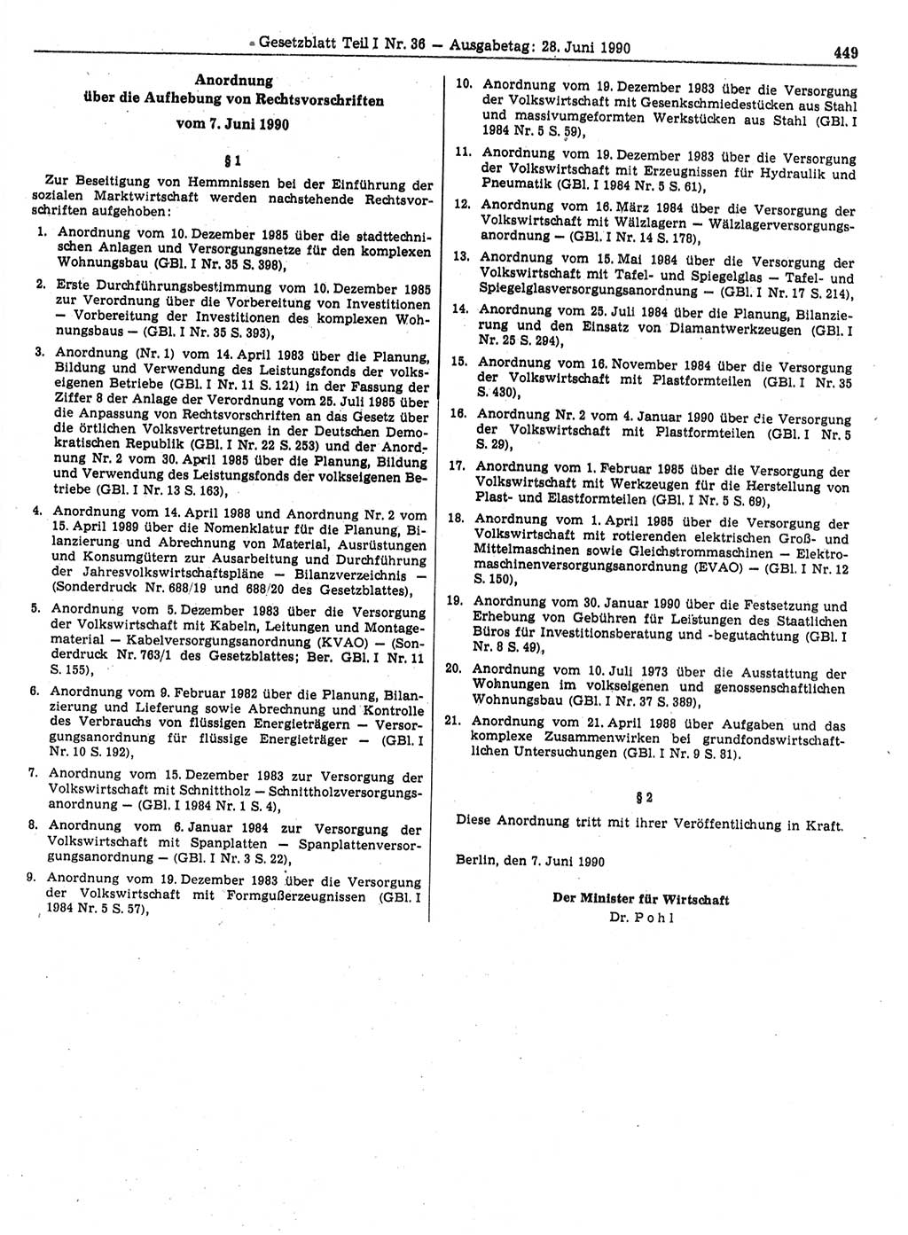 Gesetzblatt (GBl.) der Deutschen Demokratischen Republik (DDR) Teil Ⅰ 1990, Seite 449 (GBl. DDR Ⅰ 1990, S. 449)