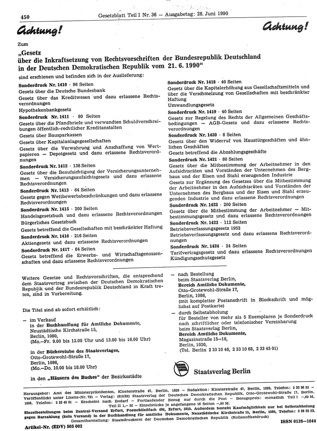 Gesetzblatt (GBl.) der Deutschen Demokratischen Republik (DDR) Teil Ⅰ 1990, Seite 450 (GBl. DDR Ⅰ 1990, S. 450)