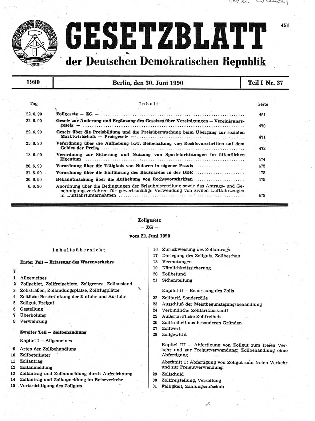 Gesetzblatt (GBl.) der Deutschen Demokratischen Republik (DDR) Teil Ⅰ 1990, Seite 451 (GBl. DDR Ⅰ 1990, S. 451)