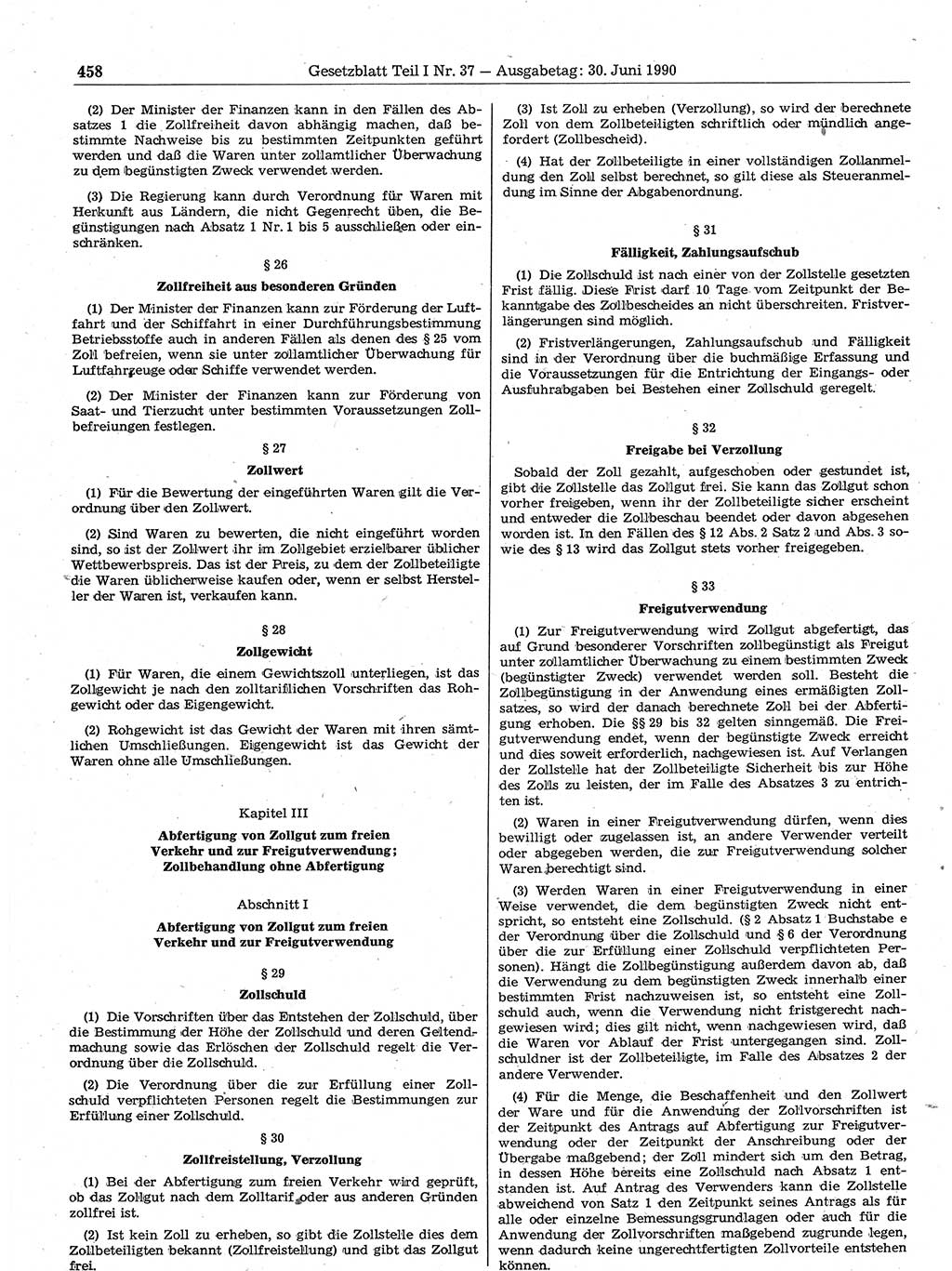 Gesetzblatt (GBl.) der Deutschen Demokratischen Republik (DDR) Teil Ⅰ 1990, Seite 458 (GBl. DDR Ⅰ 1990, S. 458)