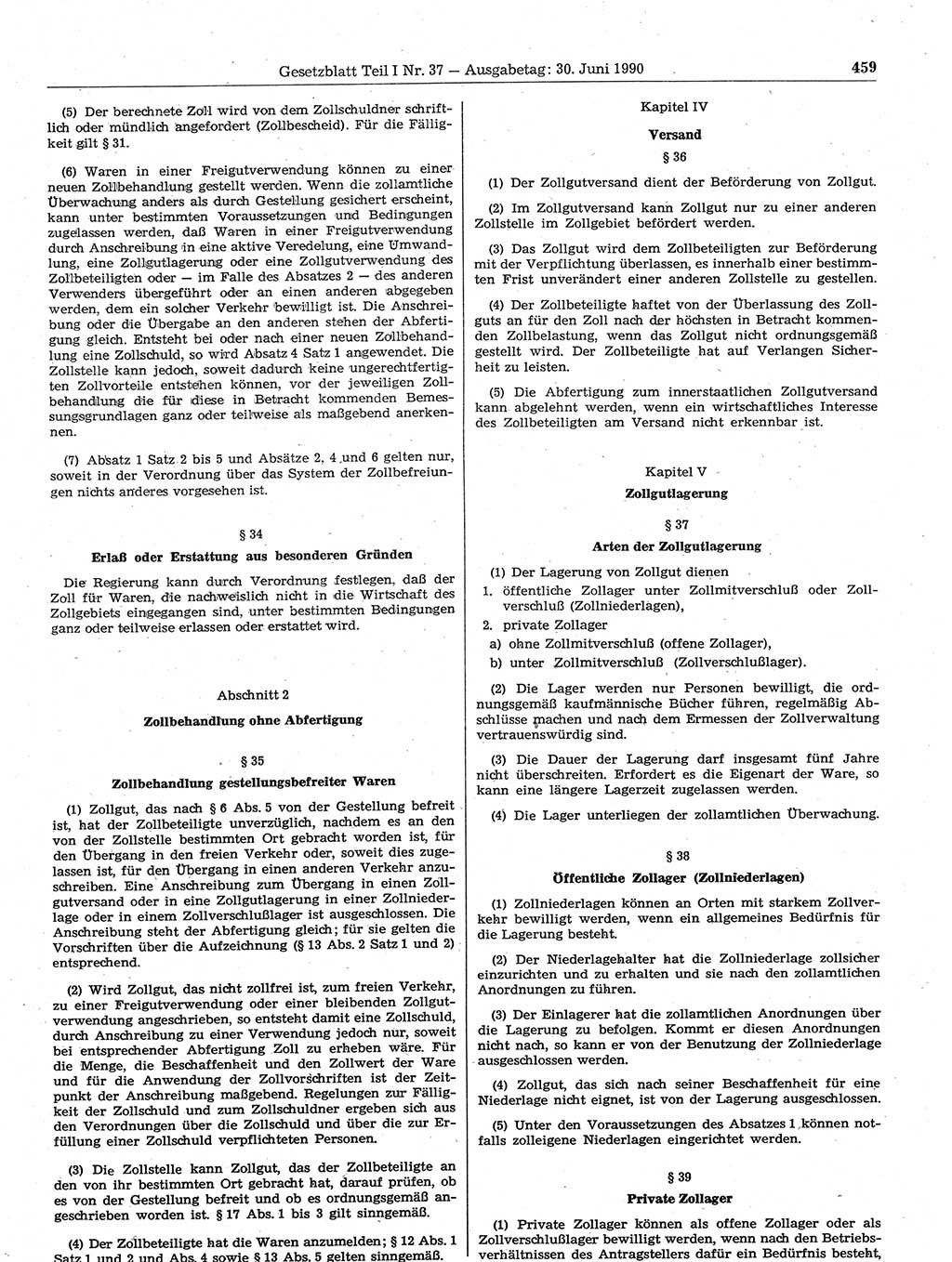 Gesetzblatt (GBl.) der Deutschen Demokratischen Republik (DDR) Teil Ⅰ 1990, Seite 459 (GBl. DDR Ⅰ 1990, S. 459)