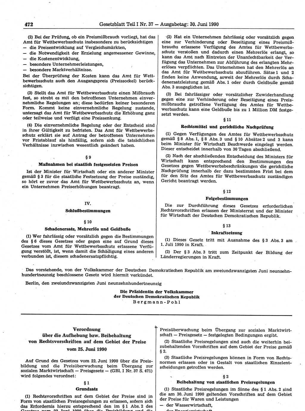 Gesetzblatt (GBl.) der Deutschen Demokratischen Republik (DDR) Teil Ⅰ 1990, Seite 472 (GBl. DDR Ⅰ 1990, S. 472)