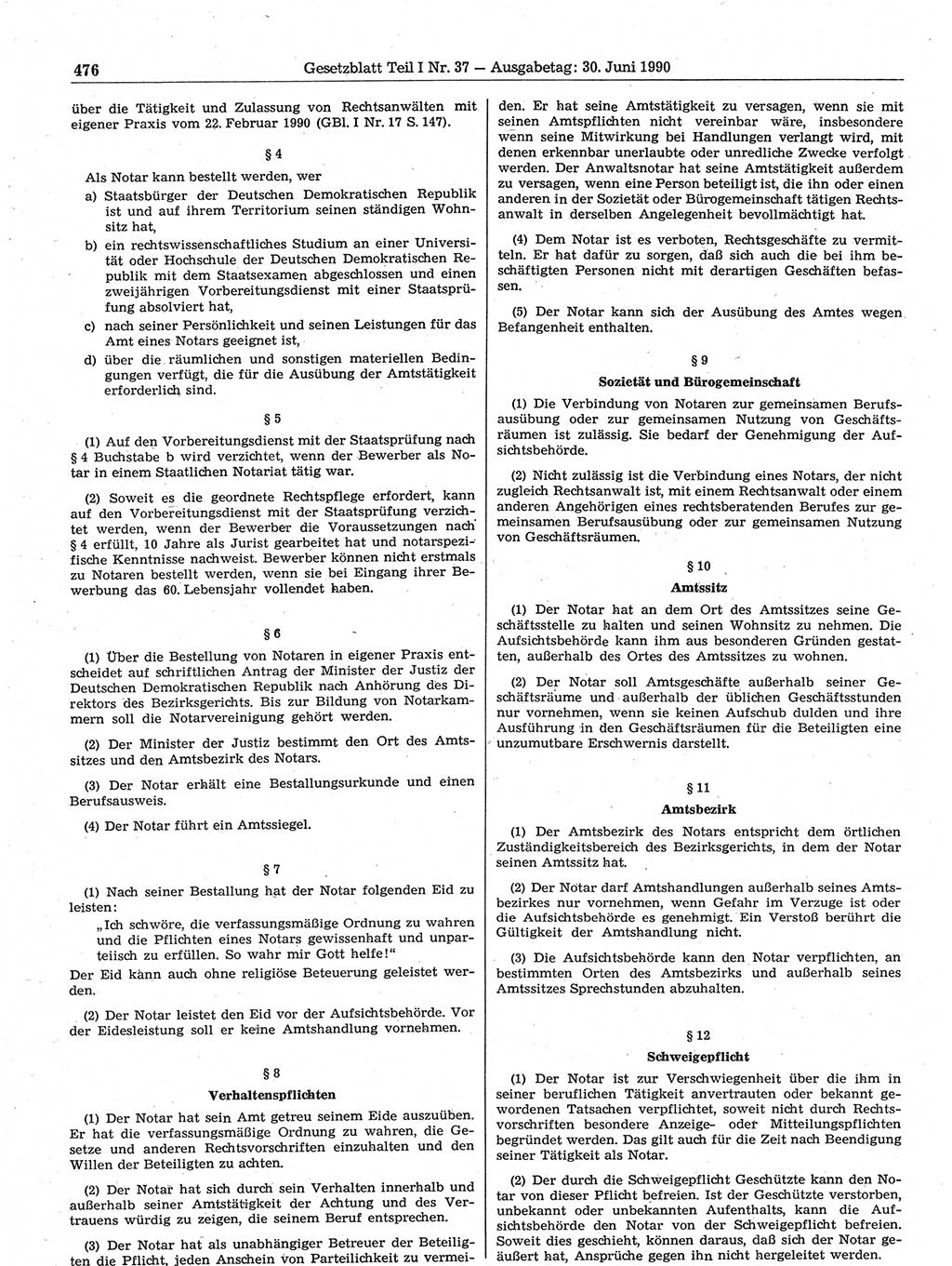 Gesetzblatt (GBl.) der Deutschen Demokratischen Republik (DDR) Teil Ⅰ 1990, Seite 476 (GBl. DDR Ⅰ 1990, S. 476)