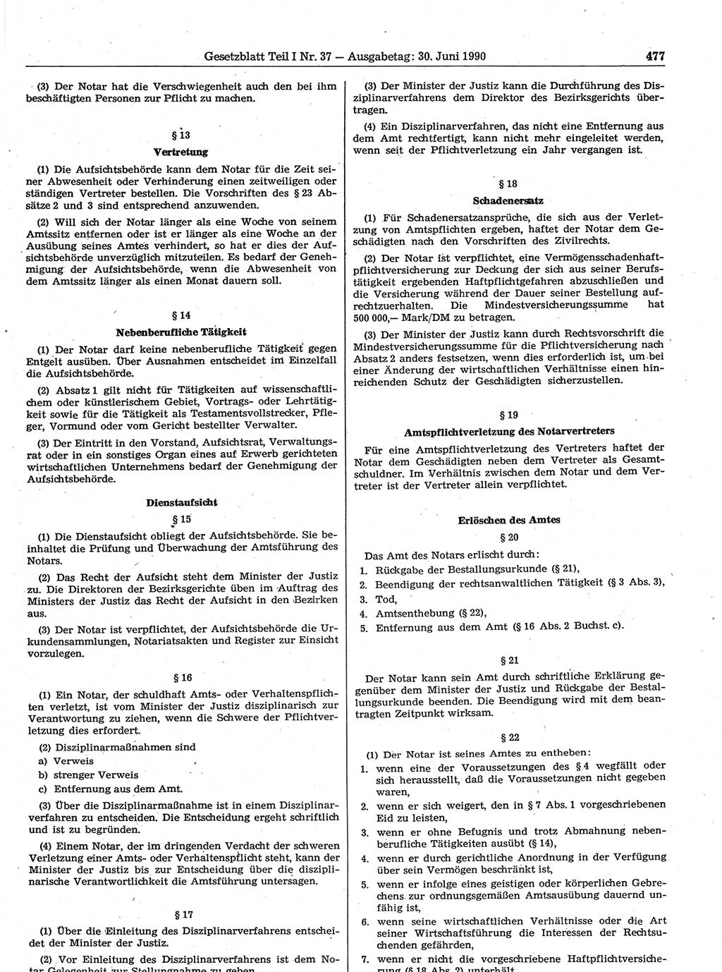 Gesetzblatt (GBl.) der Deutschen Demokratischen Republik (DDR) Teil Ⅰ 1990, Seite 477 (GBl. DDR Ⅰ 1990, S. 477)