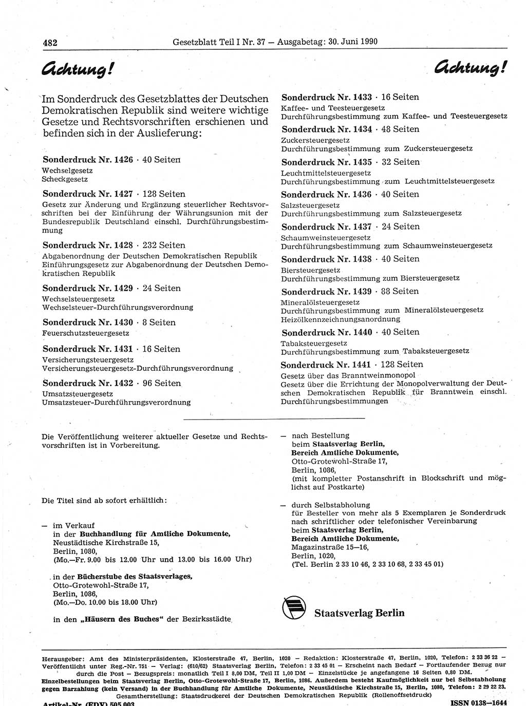 Gesetzblatt (GBl.) der Deutschen Demokratischen Republik (DDR) Teil Ⅰ 1990, Seite 482 (GBl. DDR Ⅰ 1990, S. 482)