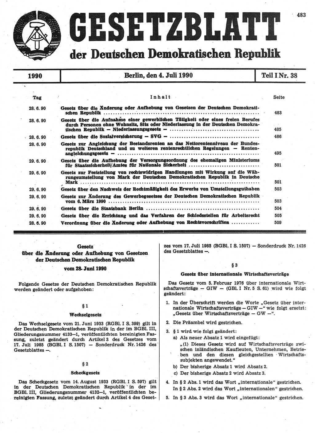Gesetzblatt (GBl.) der Deutschen Demokratischen Republik (DDR) Teil Ⅰ 1990, Seite 483 (GBl. DDR Ⅰ 1990, S. 483)