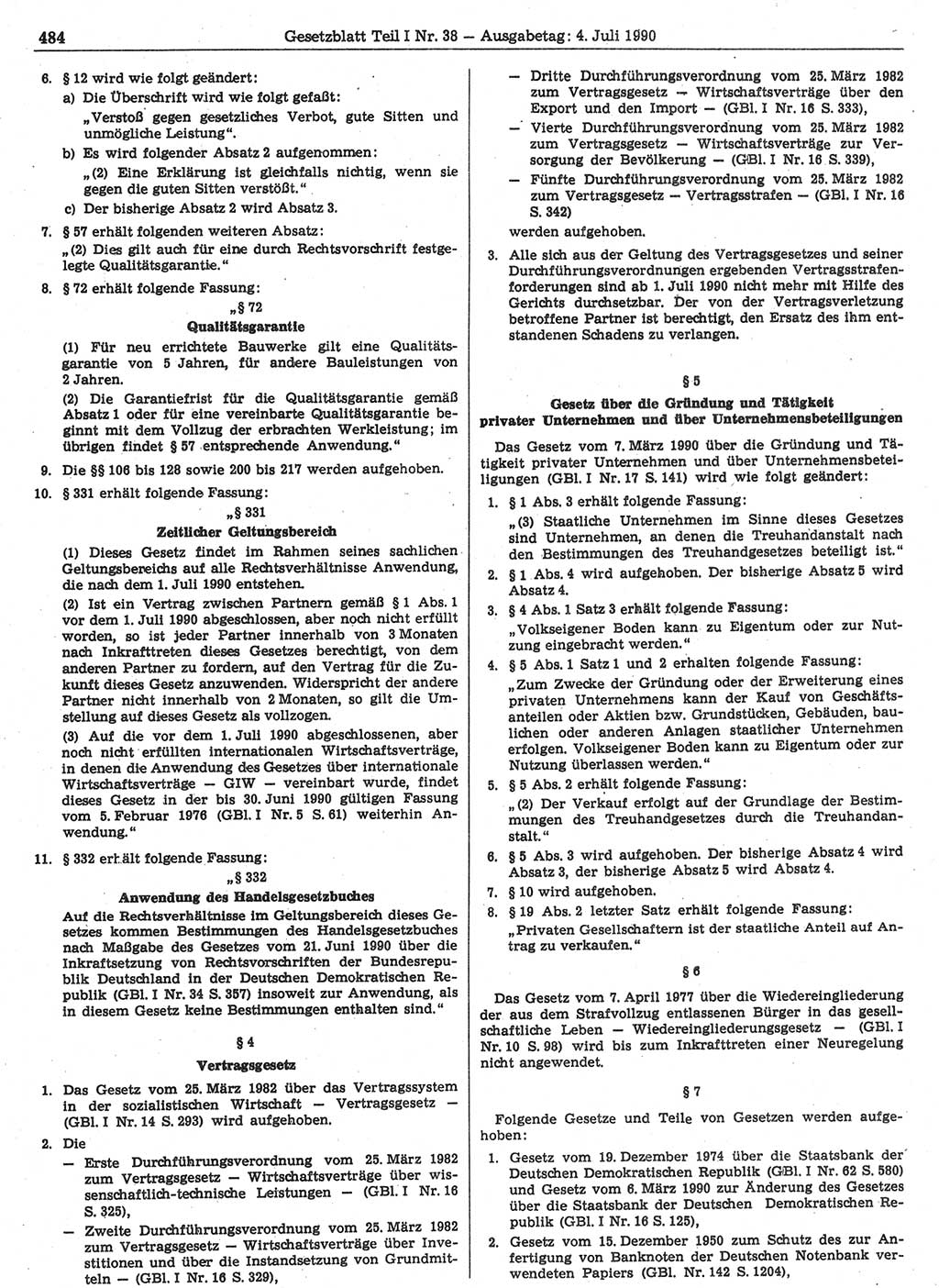 Gesetzblatt (GBl.) der Deutschen Demokratischen Republik (DDR) Teil Ⅰ 1990, Seite 484 (GBl. DDR Ⅰ 1990, S. 484)