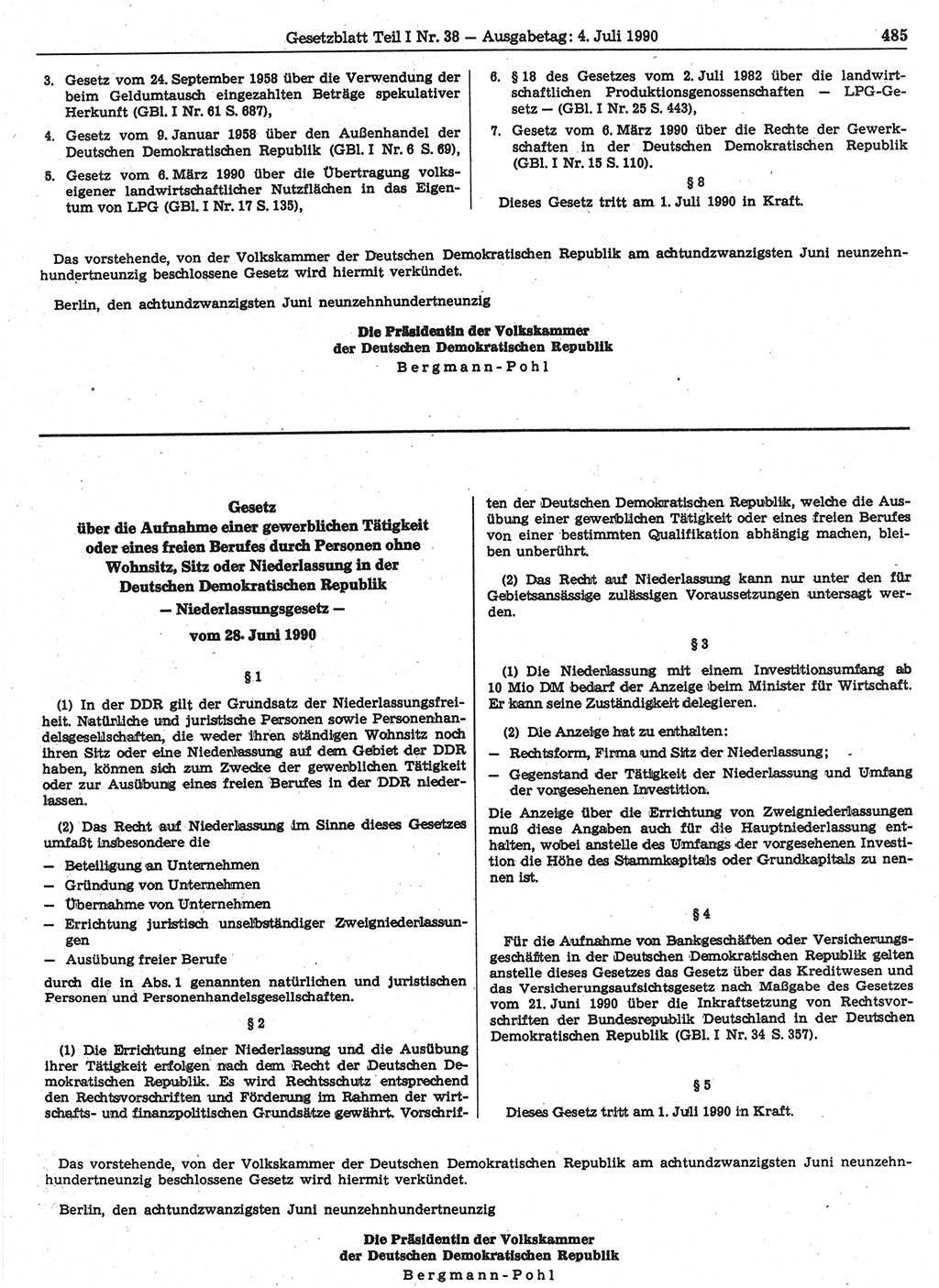 Gesetzblatt (GBl.) der Deutschen Demokratischen Republik (DDR) Teil Ⅰ 1990, Seite 485 (GBl. DDR Ⅰ 1990, S. 485)