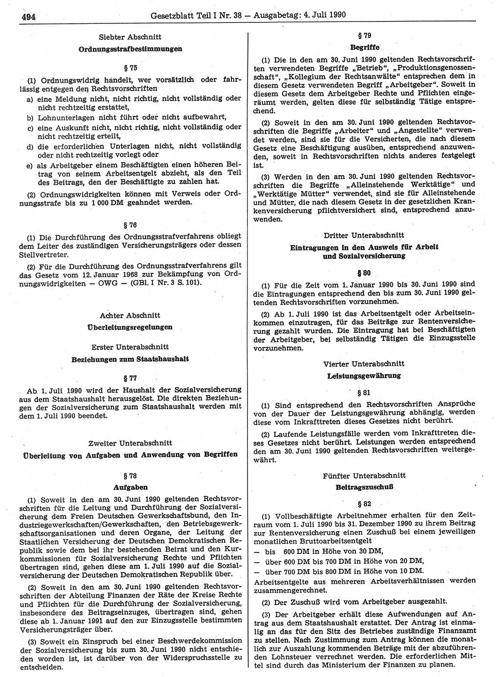 Gesetzblatt (GBl.) der Deutschen Demokratischen Republik (DDR) Teil Ⅰ 1990, Seite 494 (GBl. DDR Ⅰ 1990, S. 494)