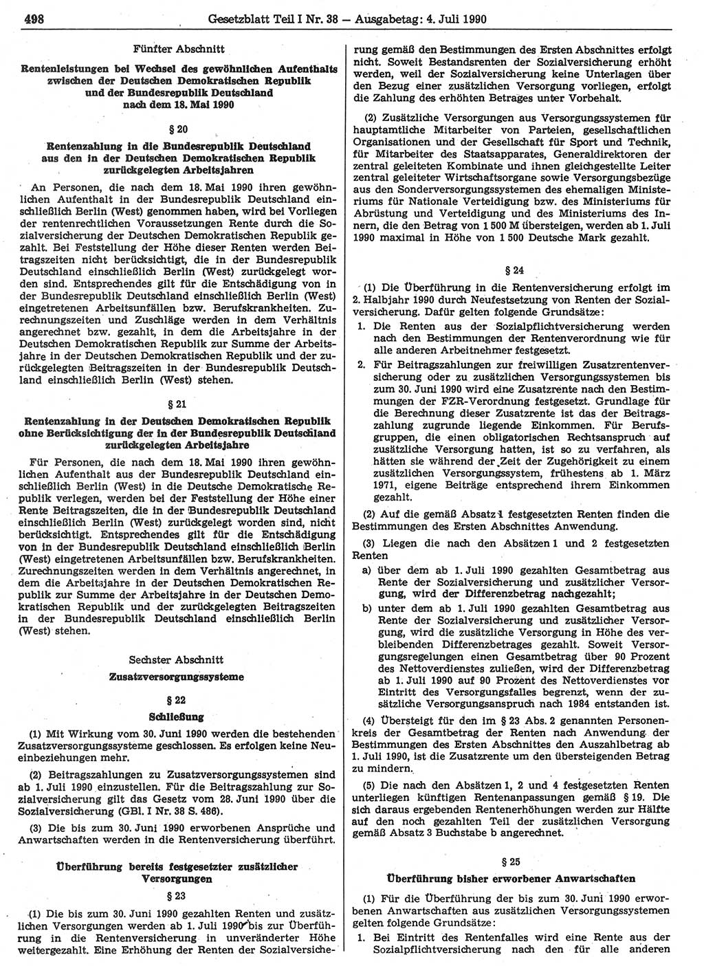 Gesetzblatt (GBl.) der Deutschen Demokratischen Republik (DDR) Teil Ⅰ 1990, Seite 498 (GBl. DDR Ⅰ 1990, S. 498)