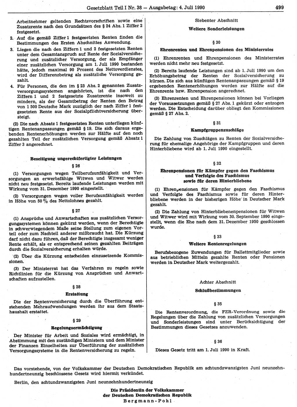 Gesetzblatt (GBl.) der Deutschen Demokratischen Republik (DDR) Teil Ⅰ 1990, Seite 499 (GBl. DDR Ⅰ 1990, S. 499)