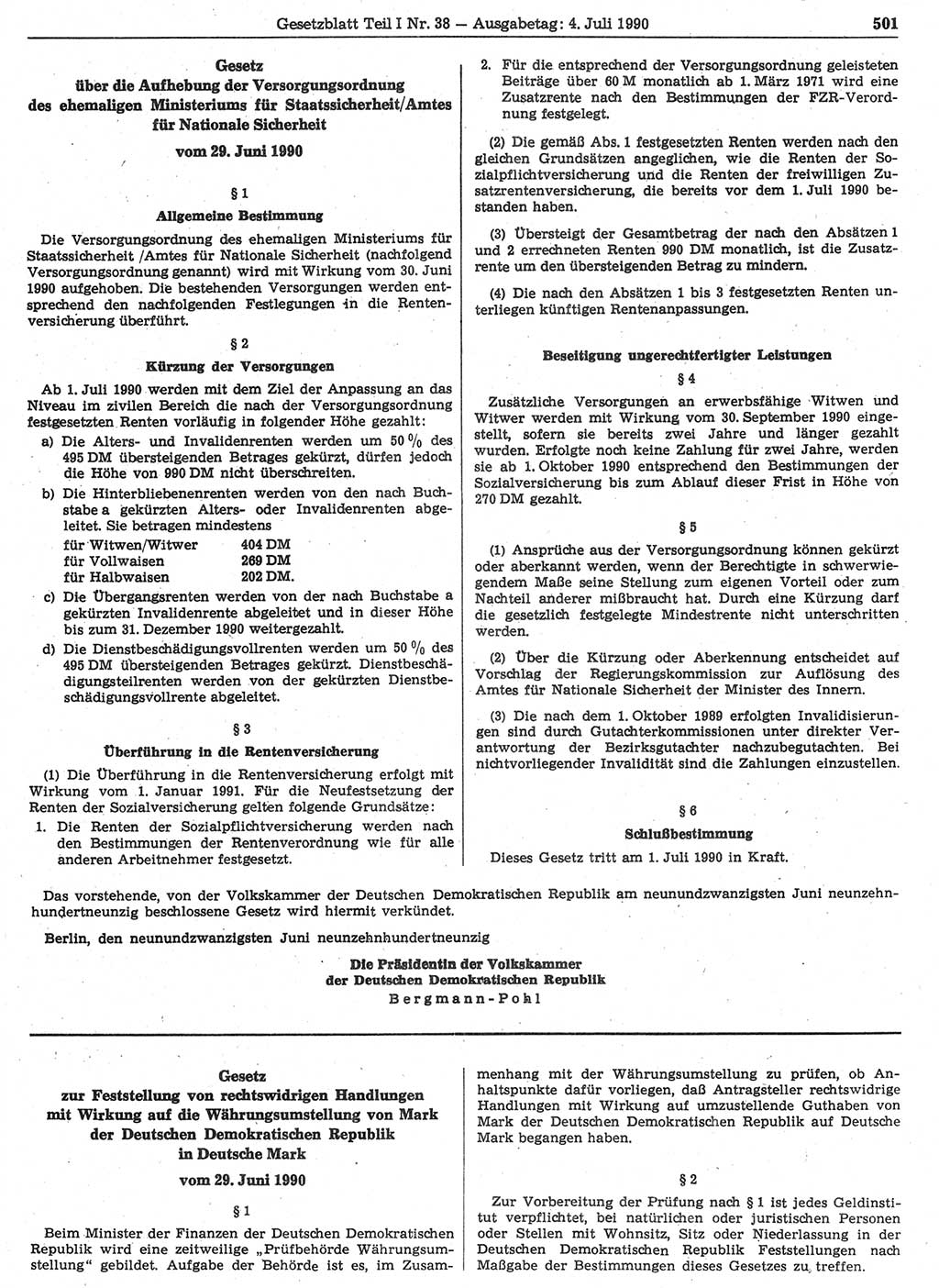 Gesetzblatt (GBl.) der Deutschen Demokratischen Republik (DDR) Teil Ⅰ 1990, Seite 501 (GBl. DDR Ⅰ 1990, S. 501)
