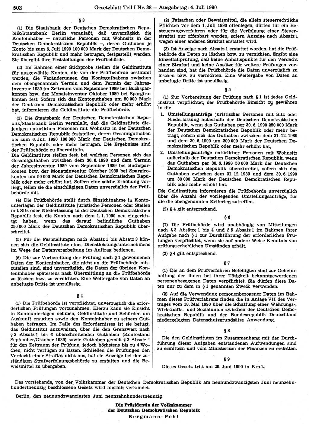 Gesetzblatt (GBl.) der Deutschen Demokratischen Republik (DDR) Teil Ⅰ 1990, Seite 502 (GBl. DDR Ⅰ 1990, S. 502)