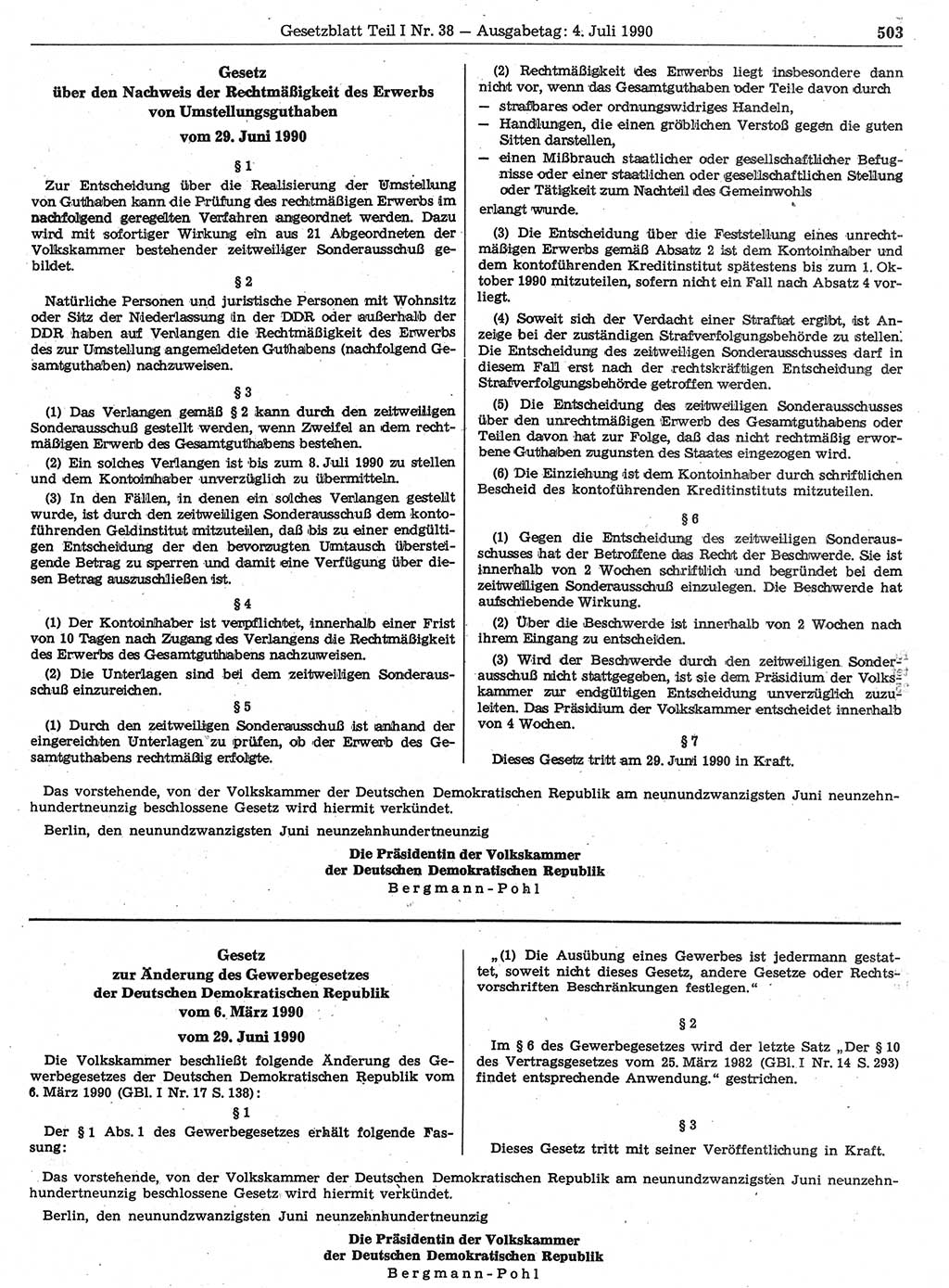 Gesetzblatt (GBl.) der Deutschen Demokratischen Republik (DDR) Teil Ⅰ 1990, Seite 503 (GBl. DDR Ⅰ 1990, S. 503)