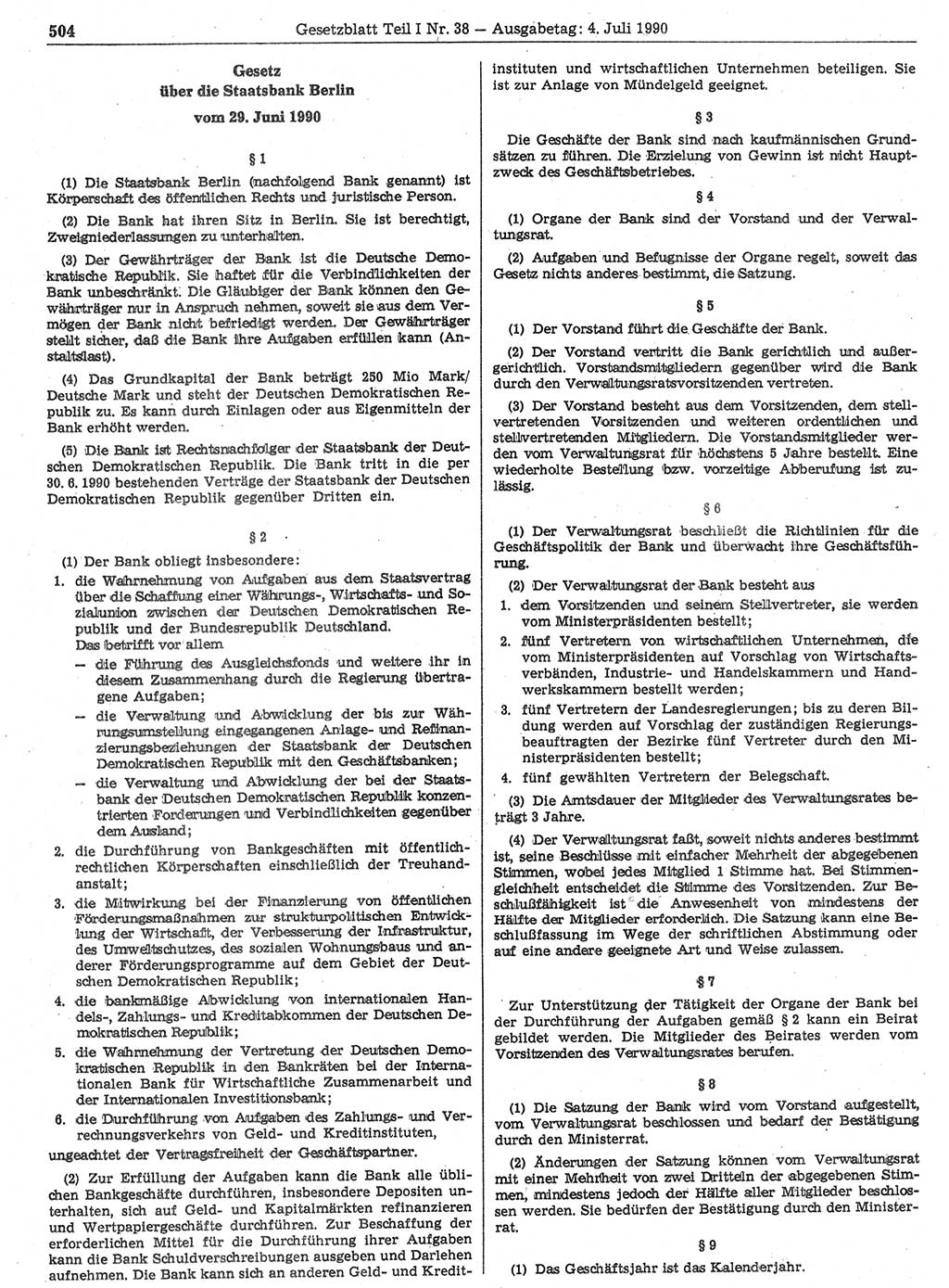 Gesetzblatt (GBl.) der Deutschen Demokratischen Republik (DDR) Teil Ⅰ 1990, Seite 504 (GBl. DDR Ⅰ 1990, S. 504)