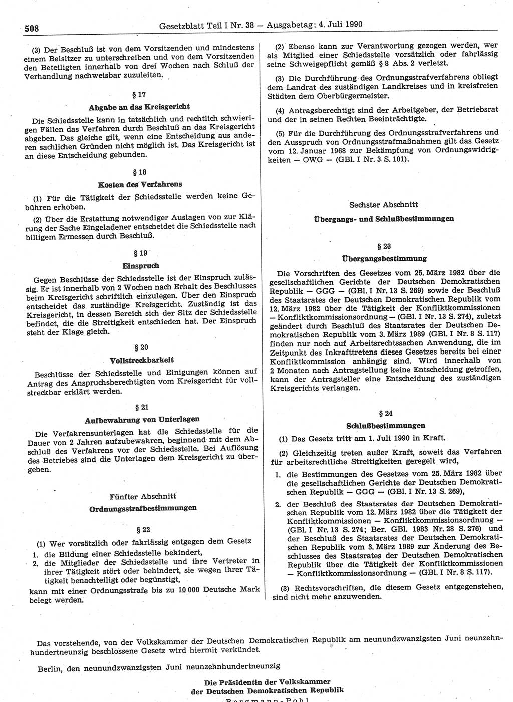Gesetzblatt (GBl.) der Deutschen Demokratischen Republik (DDR) Teil Ⅰ 1990, Seite 508 (GBl. DDR Ⅰ 1990, S. 508)