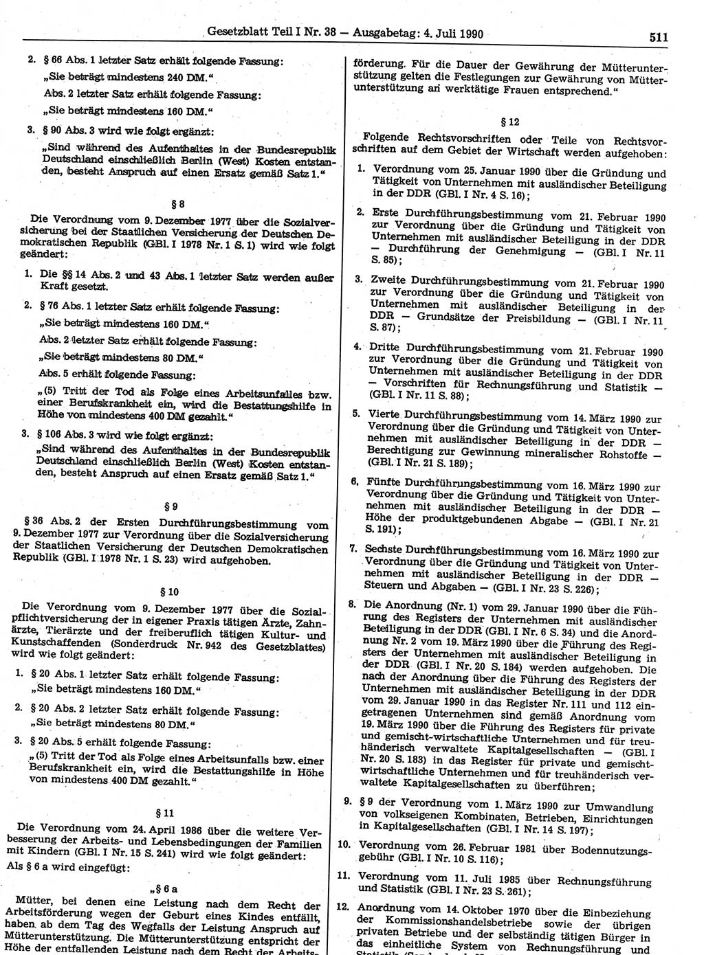 Gesetzblatt (GBl.) der Deutschen Demokratischen Republik (DDR) Teil Ⅰ 1990, Seite 511 (GBl. DDR Ⅰ 1990, S. 511)